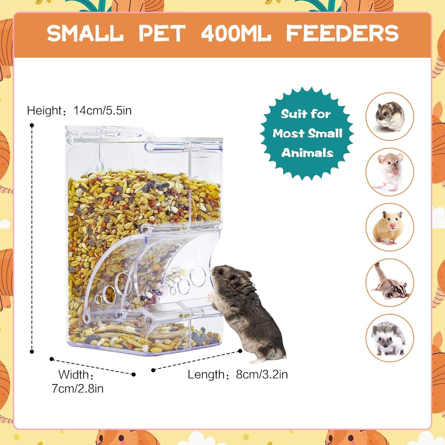 SUSOO 400ML Hamster Food Bowl with Leak Proof Automatic Feeding Function for Small Animals Cage Accessories,Acrylic Auto Storage Food Dish Dispenser for Dwarf,Guinea Pig,Hedgehog,Rabbit,Parrot Birds image number 1