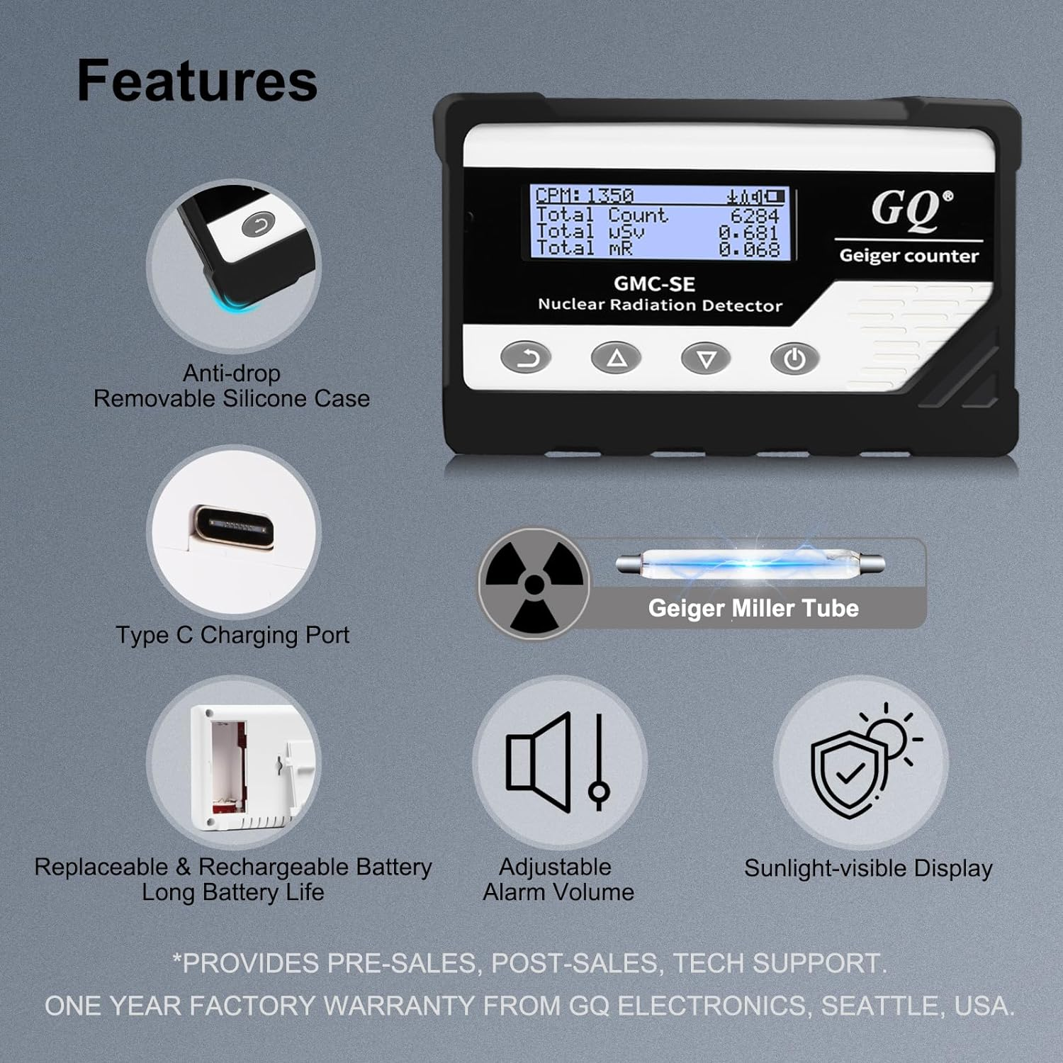 GQ GMC-SE Geiger Counter Radiation Detector Beta Gamma X-Ray Digital Nuclear Radiation Dosimeter Portable USA NIST & NRC Radiation Monitor Meter, Data Recording Device, Drop-Proof Black Silicone Case image number 4