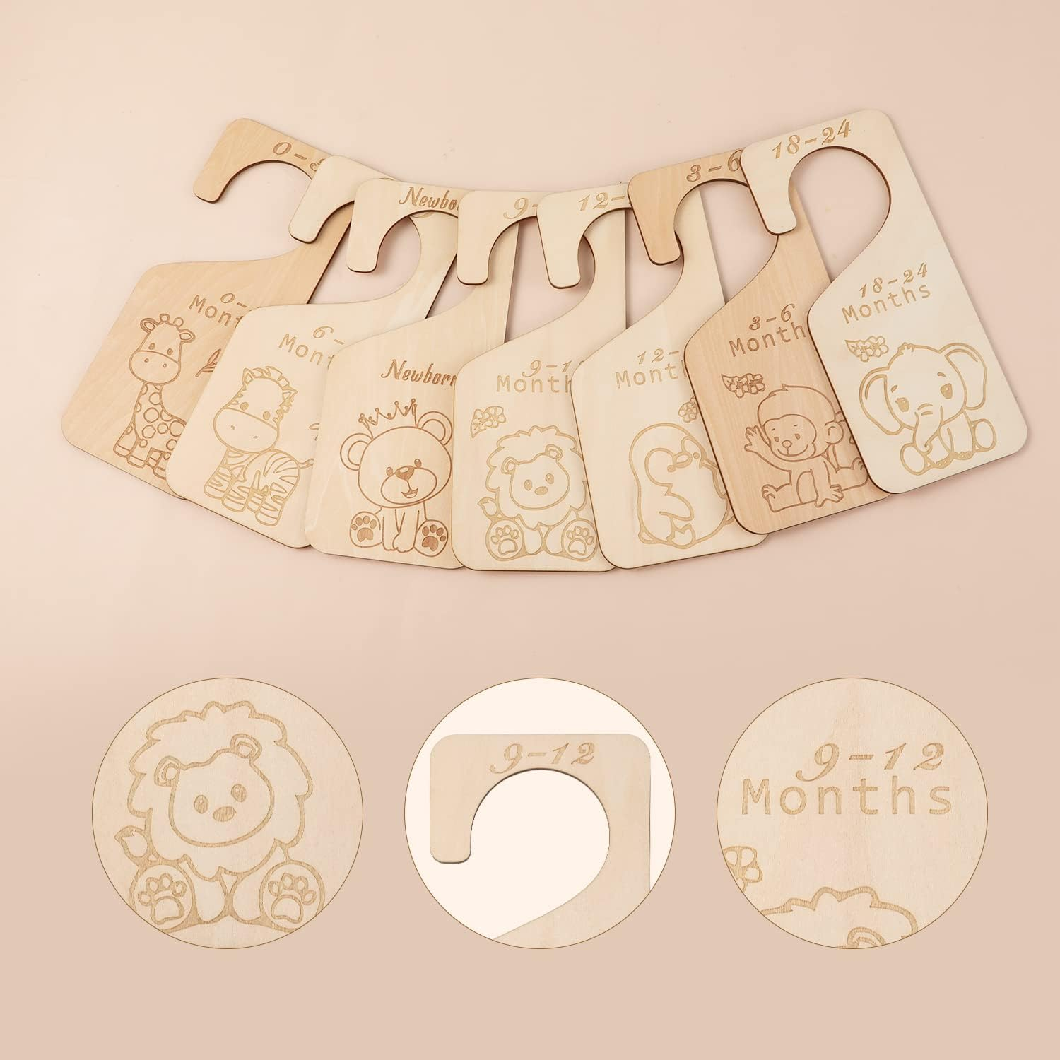 SAVITA Wooden Baby Clothes Dividers, 7Pcs Wood Closet Dividers Month Baby Closet Organizer from Newborn to 24 Months, Nursery Hanger Decor for Boys Girls Infant Wardrobe (Animal) image number 6