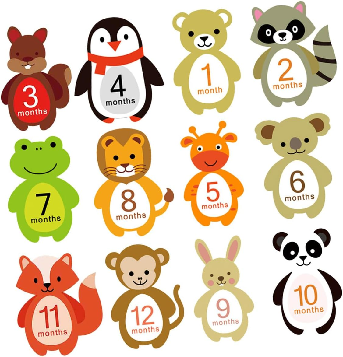 SHOWERORO 12Pcs Monthly Stickers Self-Adhesive Milestone Decals Animal Cartoon Design for Newborn Photo Props image number 4