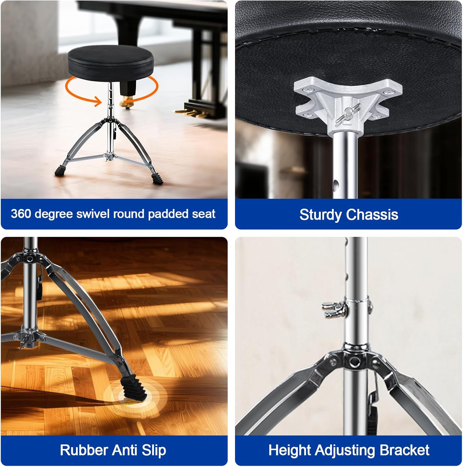 Yazoni Drum Throne Heavy Duty - 40-58Cm Height Adjustable, Padded Seat Drummer Stool, Drum Seat with 2 Packs 5A Drumsticks Double Braced Anti-Slip Feet, 360&deg; Swivel Guitar Chairs for Kid and Beginner