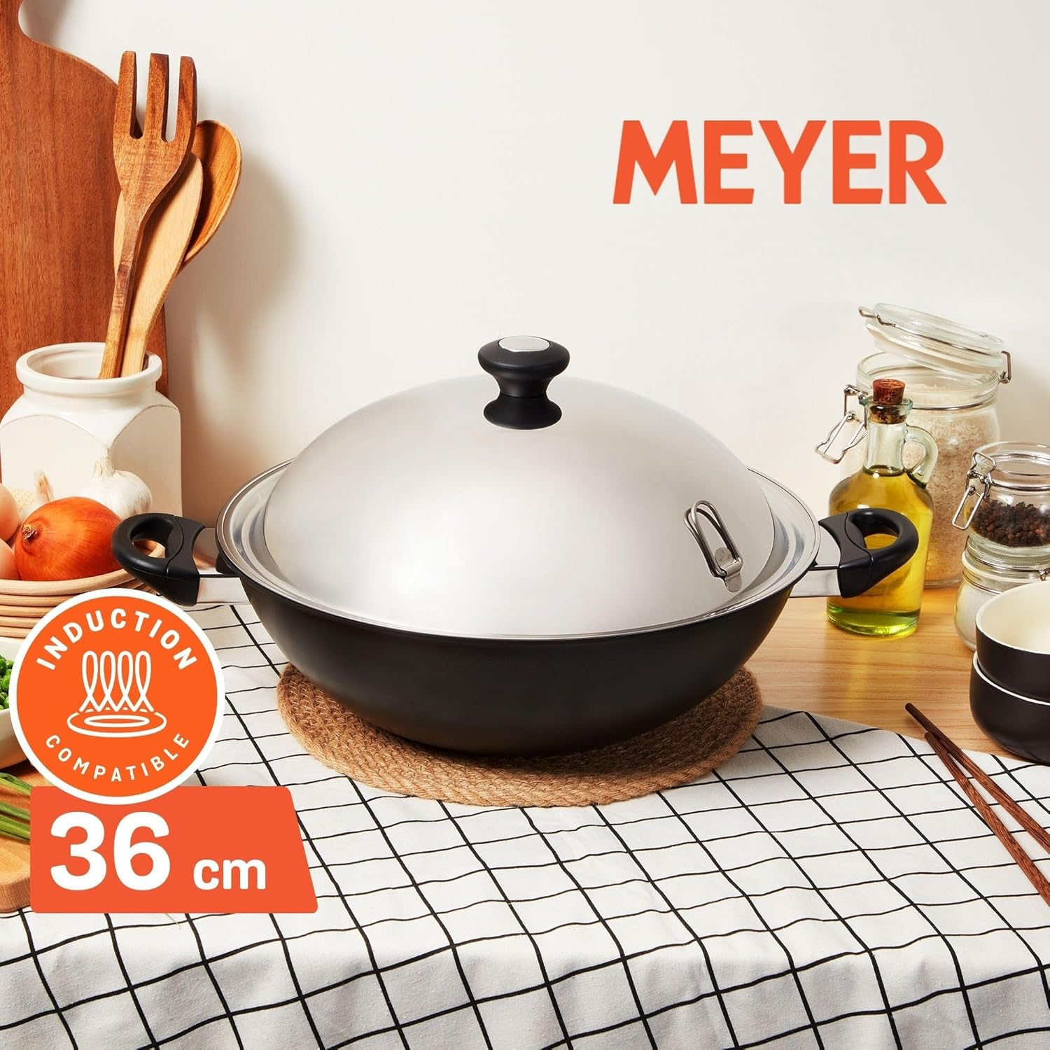 Meyer Cook N Look Non Stick 36Cm Covered Wok, Pots and Pans, Induction Compatible, Dishwasher Safe, Oven Safe, Black with Lid image number 6