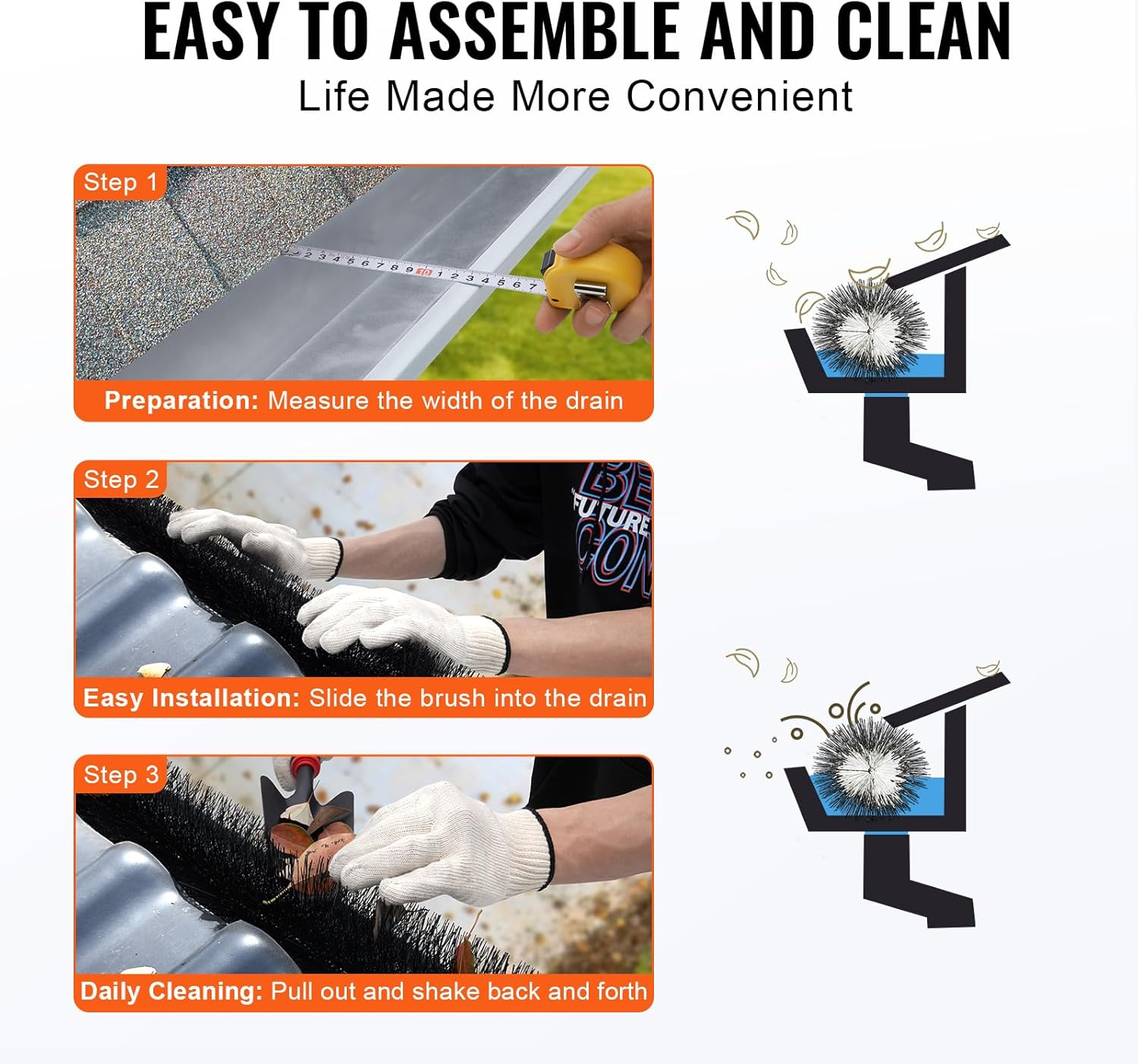 VEVOR Gutter Brush, 60 Feet Total Length 5.25 Inch Diameter Gutter Cleaning Tools, Ground-Level Gutter Brush Leaf Guard for 5 Inch Gutters, Easily Clear Roof Leaves and Debris, 20 Pack image number 3