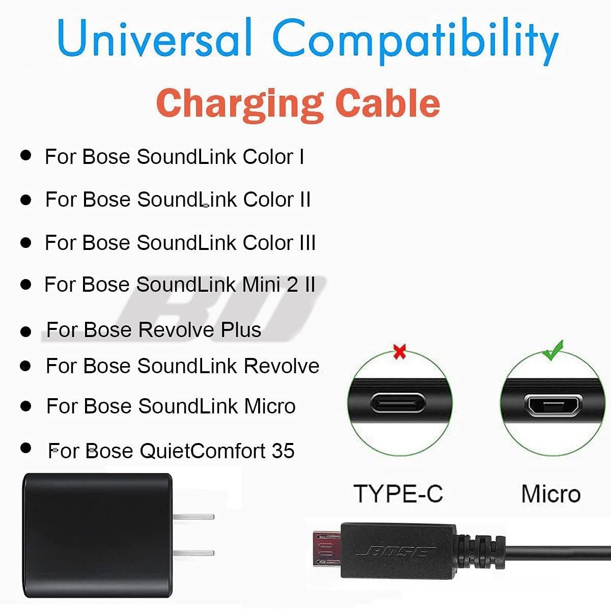 USB Charger Cable for Bose Soundlink Color I, II, III, Mini 2 /Revolve Plus, Compatible for Bose Soundlink Revolve, Quietcomfort 35 II Bluetooth Charging Power Supply Cord Replacement Micro Cable 1M image number 2
