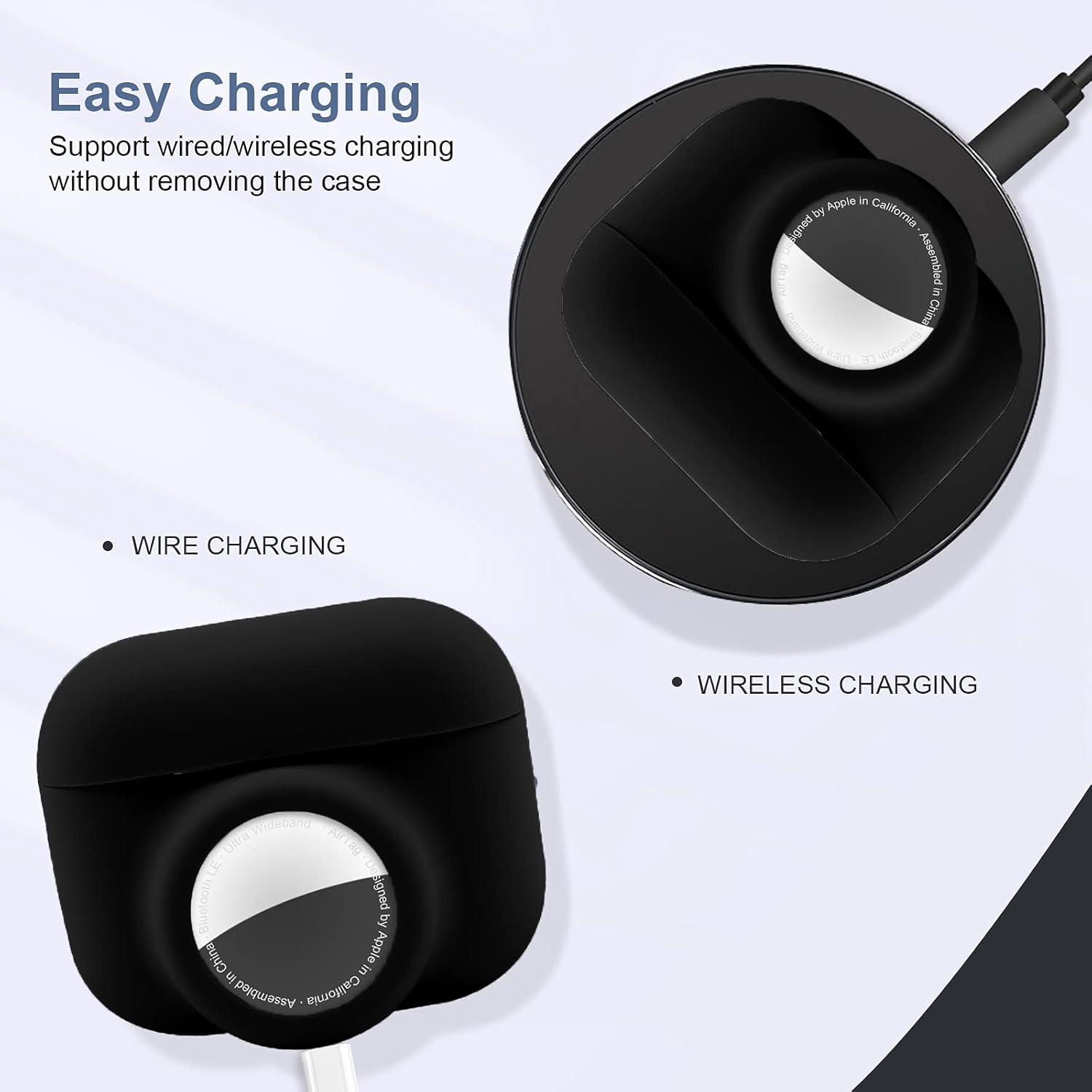 2 in 1 Protective Case for Apple Airpods Pro Air Tag Holder Combo, Soft Silicone Airpods Pro Airtag Case with 2 PCS Screen Protector, Anti-Scratch Anti-Fall Anti-Lost Shockproof Durable(Black) image number 2