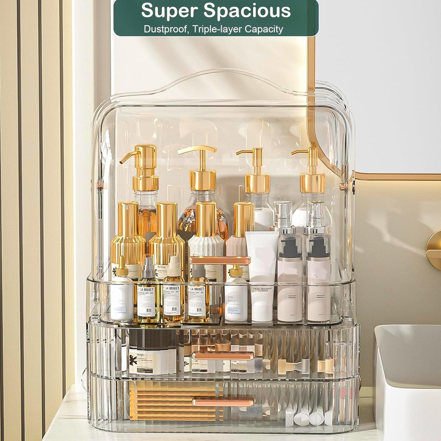 Makeup Organizer Bathroom Organizers and Storage, Clear Skincare Organizer with Lid and 2 Drawers, Cosmetic Organizer Countertop, Cosmetic Display Case for Vanity Bathroom Countertop. image number 5