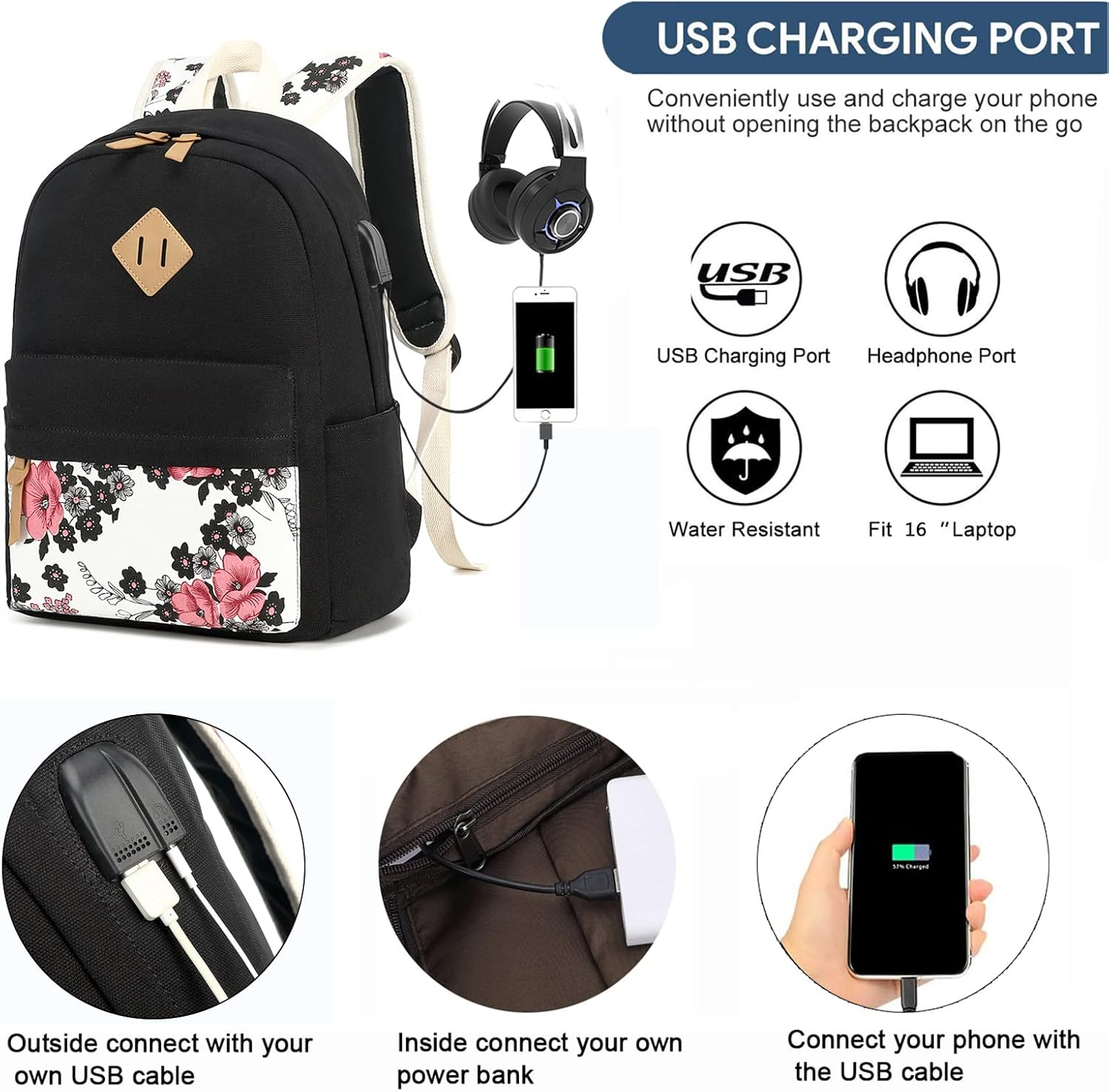 School Backpack for Teen Girls Kids Bookbag with Lunch Box Pencil Case, Laptop Backpack Casual Daypacks Teens Bookbag - Bigfloral image number 5