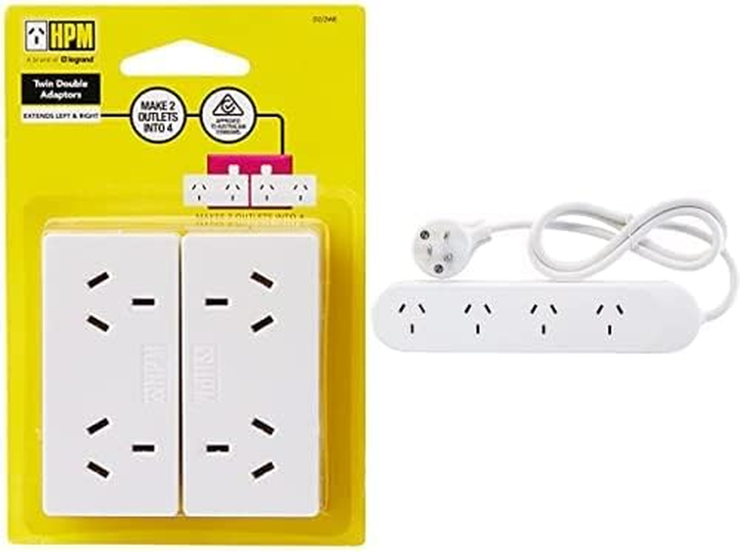 HPM D2/2WE Left and Right Extend 10A 2400W Double Adaptor 2-Pieces, White + Standard 4 Outlet Powerboard White