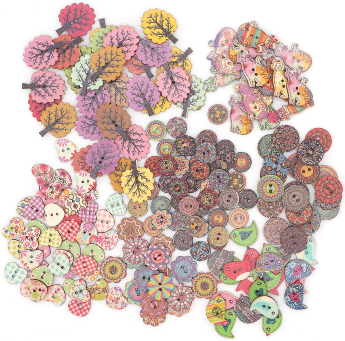 Wepetyo 200 Pcs Cute Cartoon Wooden Buttons,Wooden Leaf Buttons Assorted Design 2 Holes Mixed Animal/Flowers/Trees/Wood Button for Sewing Crafts DIY Decoration and Clothing - Beige image number 5