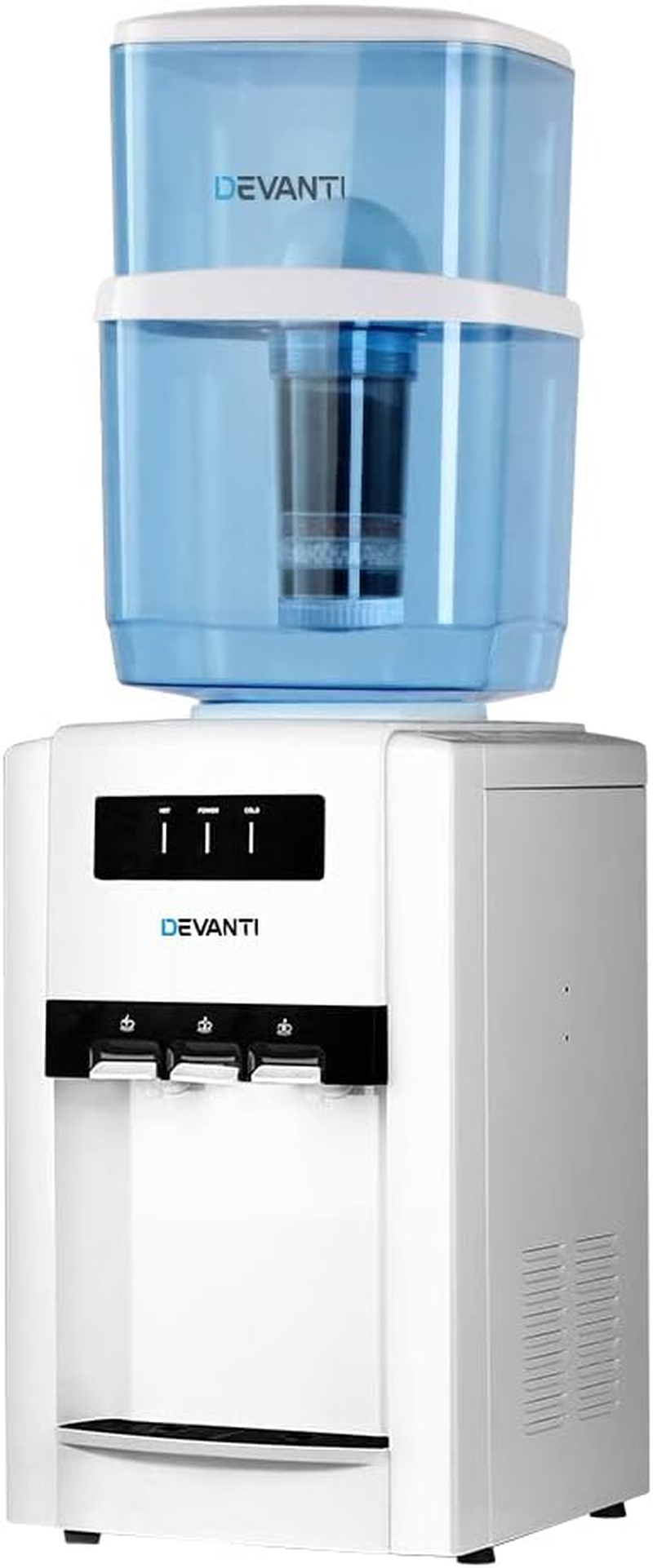 Devanti Water Dispenser Top Loading Cooler for Office Home Living Room Indoor, Portable Cold Hot Chiller Purifier 22L with Filter Bottle, Benchtop White 3 Temperature Settings