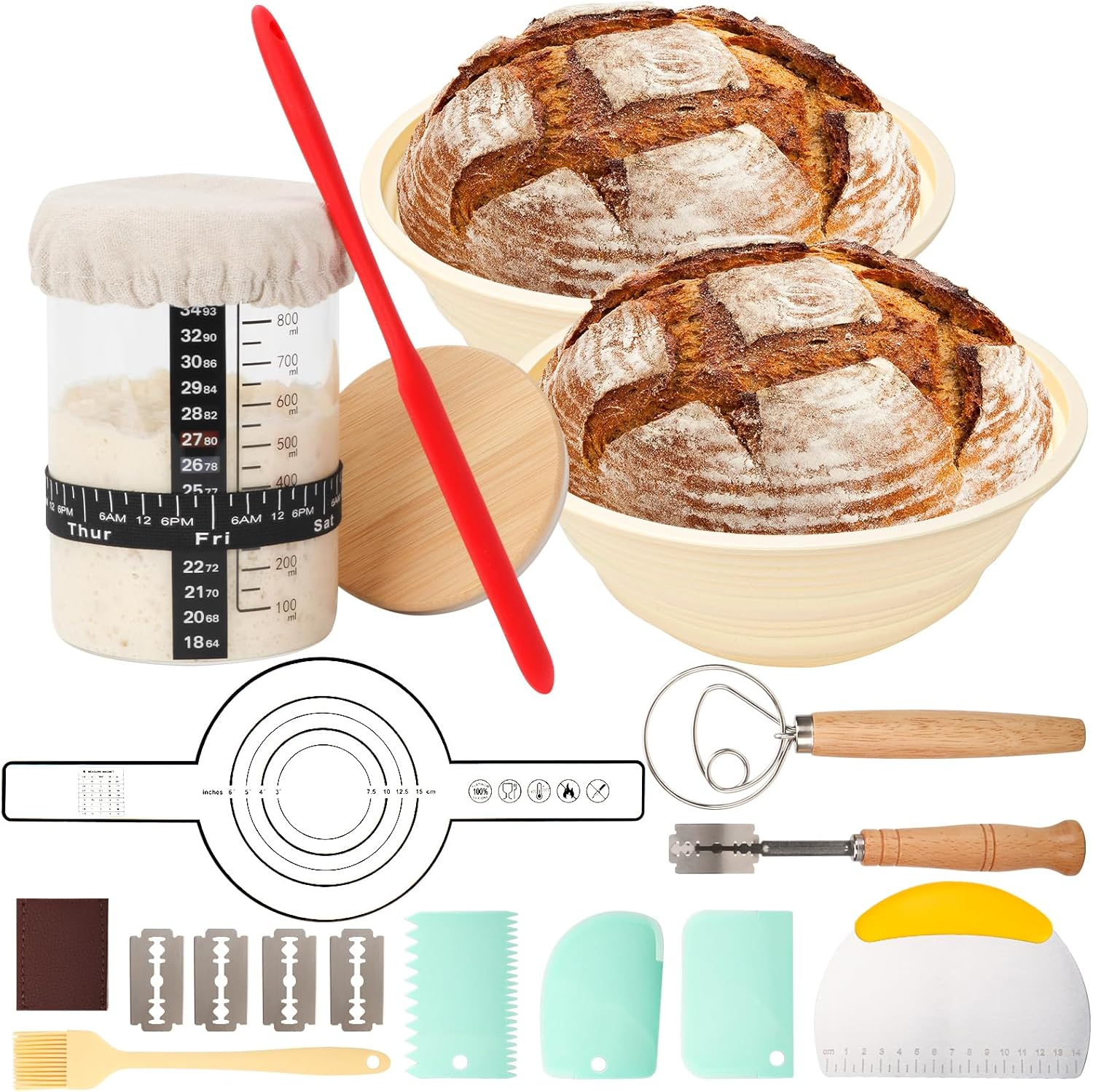 Sourdough Starter Kit Bread Baking Supplies Bread Proofing Basket 9 Inch round & 10 Inch Oval Bread Proofing Basket, 24Oz Jar (700Ml Glass, round and Oval Basket)