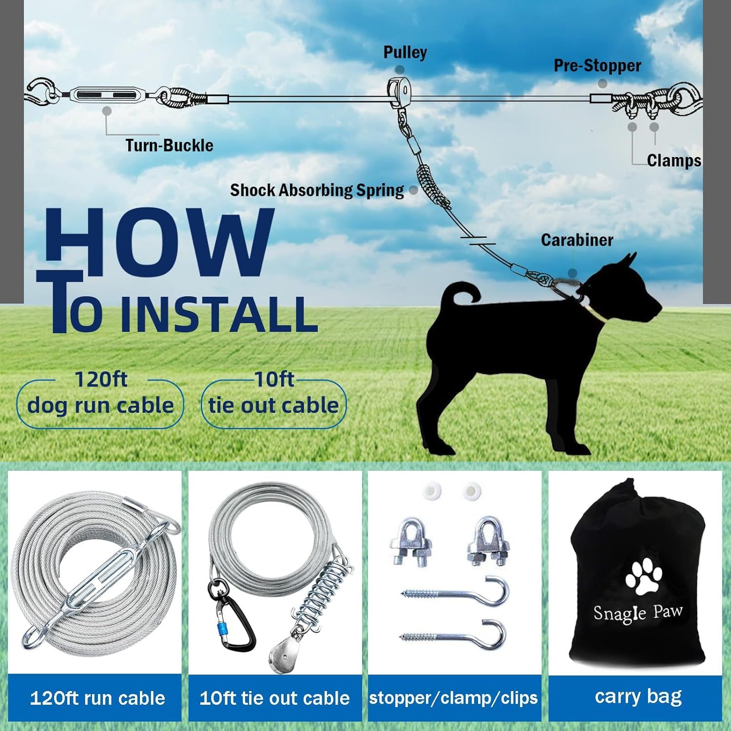 Dog Tie Out Runner for Yard,Trolley System for Large Dogs,Heavy Duty Dog Run Cable Lead 120Ft with 10Ft Pulley Runner Line for Small Medium and Large Dogs up to 250Lbs Running outside Yard or Camping