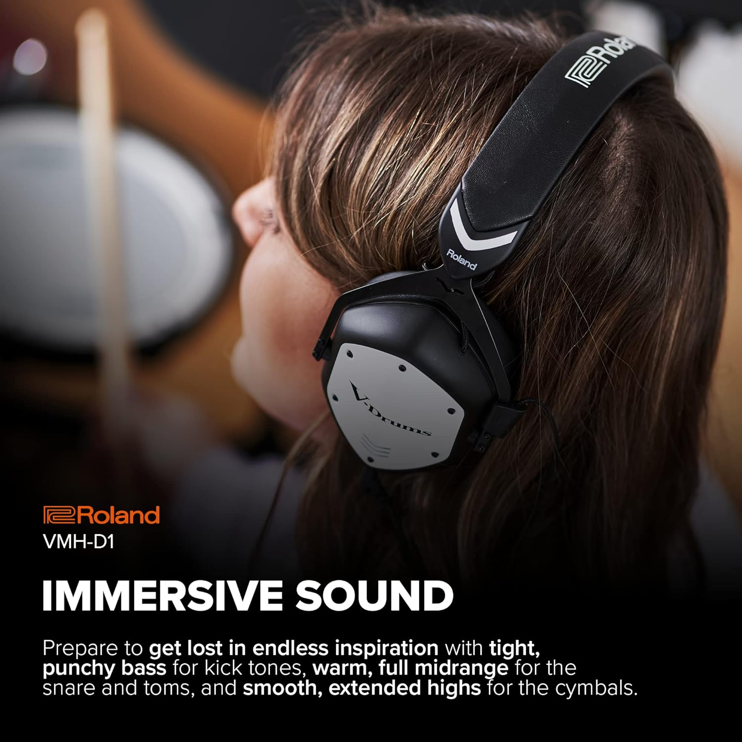 Roland VMH-D1 V-Drums Headphones | Designed by Roland & V-Moda for V-Drums & All Electronic Drum Kits | Immersive Sound | Extended Comfort | Long Cable for Tangle-Free Drumming | Customizable Shields image number 2