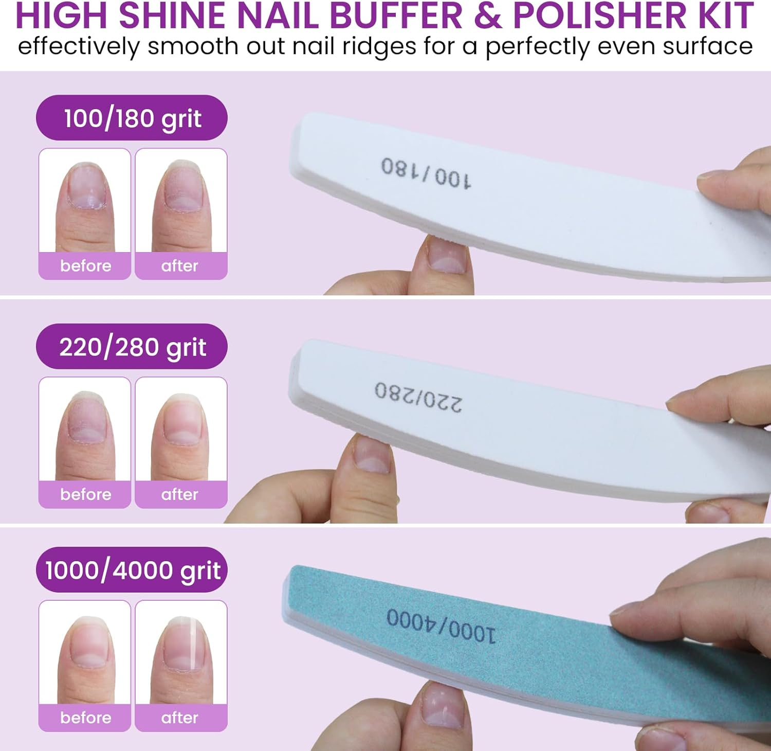 ESUOHYM 6 PCS Nail File Buffer Set for File/Buffer/Shine, Nail Files Kit for Natural Acrylic Nail, Emery Boards for Thick Nails, 100/120/150/180/220/240/280/1000/4000 Grit for Salon and Home image number 2