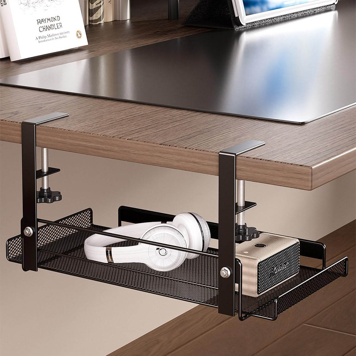 AIMALL Adjustable under Desk Storage Shelf, Non-Perforated Wire Management Rack, 14.4X7.9 Inches, White Mesh, Ideal for Cable & Accessory Organization image number 3