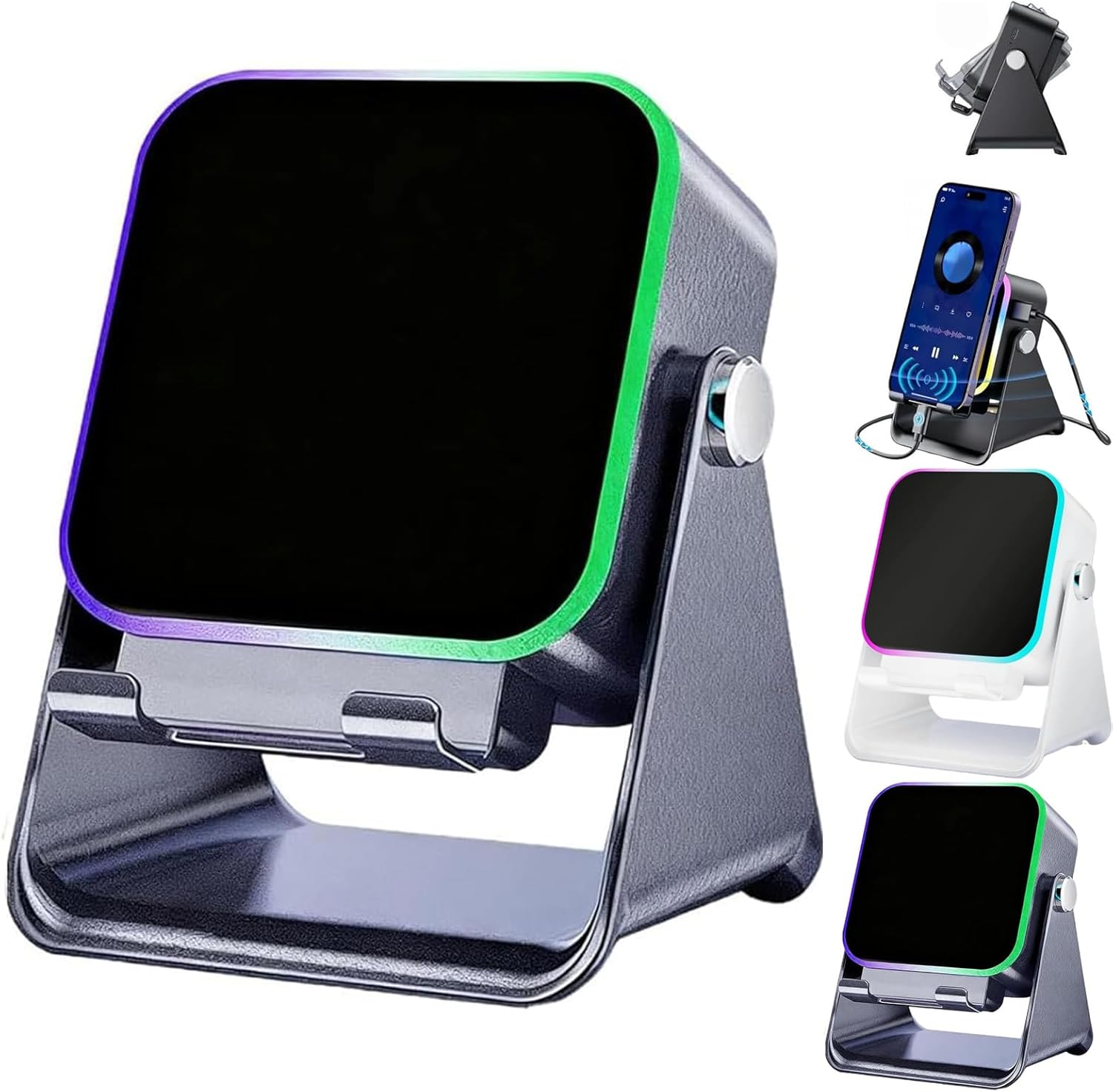 Willedup 5-In-1 Wireless Induction Bluetooth Speaker, with Adjustable Phone Stand, 360&deg; Adjustable Holder, RGB Ambient Light Fast Connect (White)