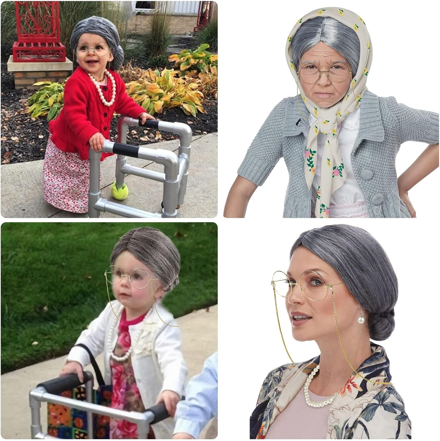 7 Piece Old Lady Dress Set, Grandma Witch Wig, Adult Children Halloween Party Cosplay, Silver and White Bun image number 2