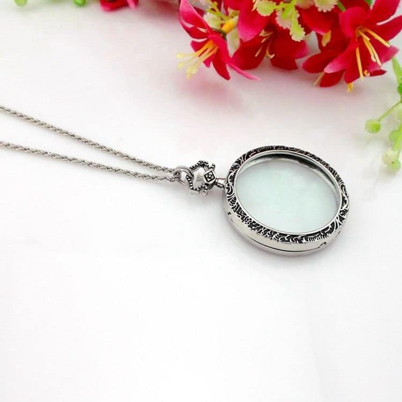 10X Magnifying Glass Necklace Magnifier Necklace Pendant Optical Magnifier with Chain Necklace for Library, Reading, Zooming and Jewelry (Silver) image number 3