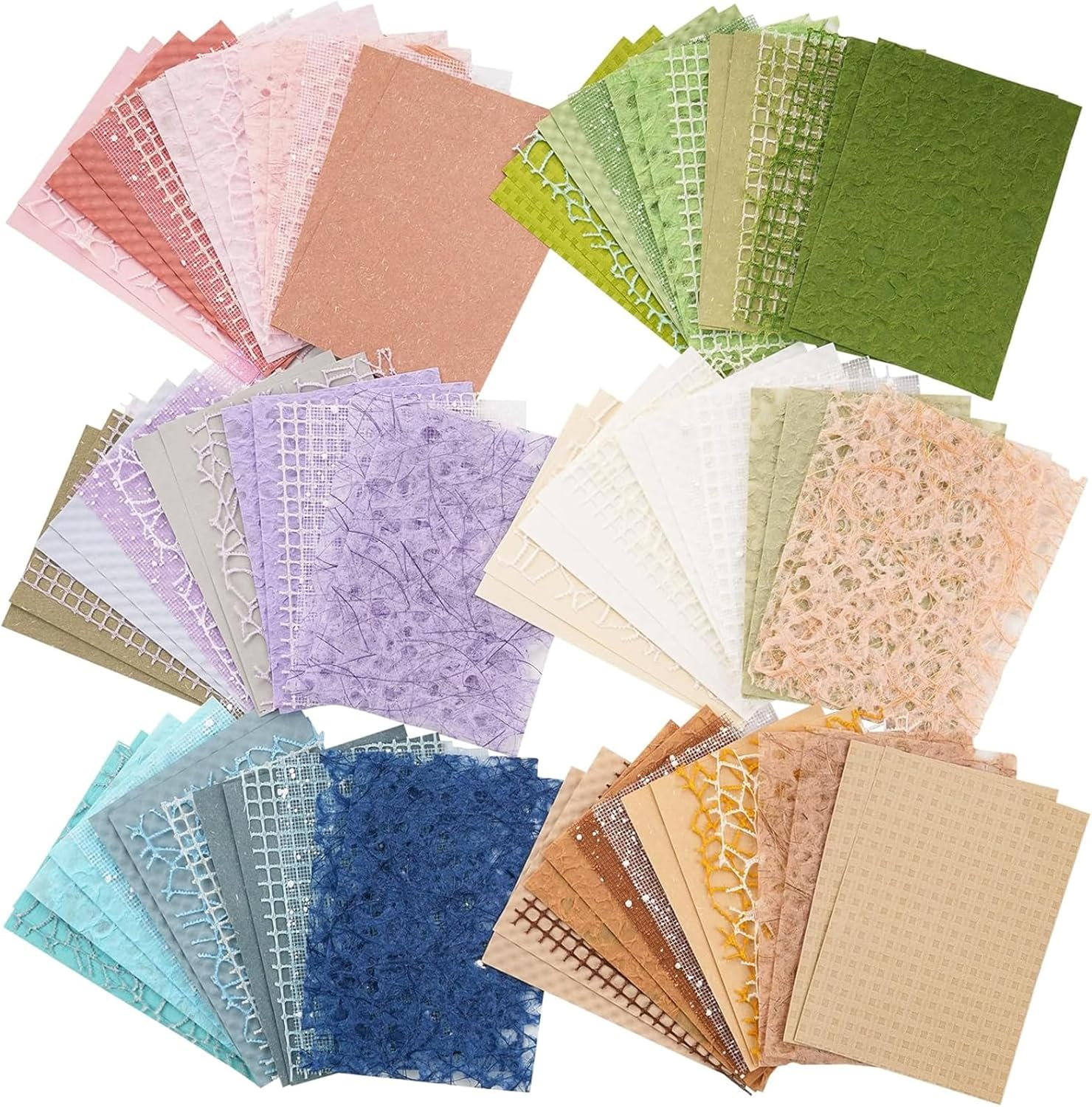 96 Sheets Textured Scrapbook Paper and Mesh Fabric Assorted Set, 6 Pack Mixed Special Paper for DIY Scrapbook Decor Planner Journal Supplies Mixed Media Collage Card Embellishments, 3.9X5.5 Inch image number 3