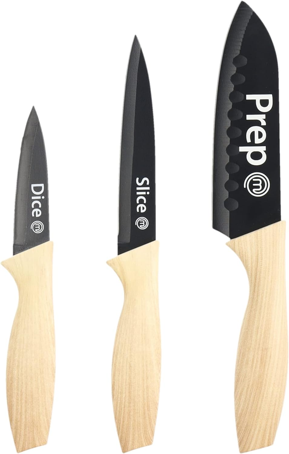 Masterchef Knife Set of 3 Kitchen Knives for Cooking (Chef, Paring & Utility), Professional Sharp Stainless Steel, Non Stick Blades & Soft Touch Handles, Easy Grip, Natural Collection, 3 Piece