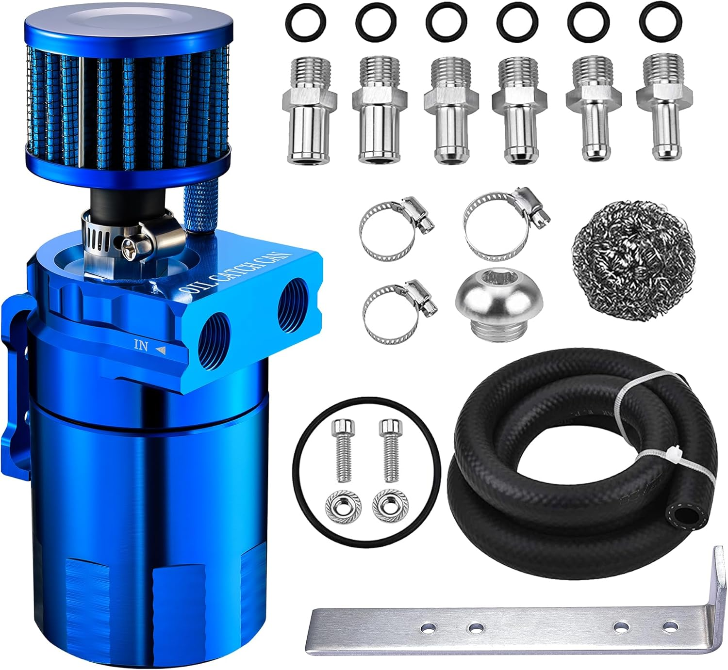 EVIL ENERGY Polish Baffled Universal Oil Catch Can Reservoir Tank Breather Filter Kit with 3/8" NBR Fuel Line Aluminum Black