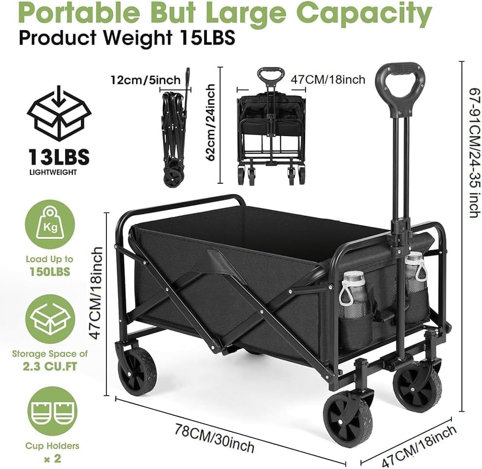 Garden Cart, Foldable Utility Vehicle, Collapsible Folding Outdoor Utility Wagon, Beach Wagon Cart with All Terrain Wheels & Drink Holders, Portable Sports Wagon for Camping, Shopping and Beach image number 5
