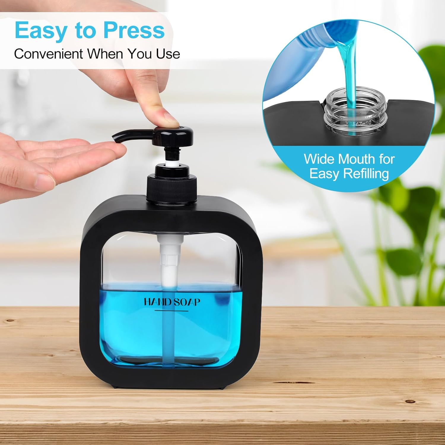 Richenda Hand Soap Dispenser Bathroom, Modern Dish Soap Dispenser for Kitchen Sink, Small Plastic Soap Dispenser for Body Wash, Shampoo, Hand Sanitizer, Lotion Dispenser-500Ml/500Ml - Black - Black-500Ml image number 6