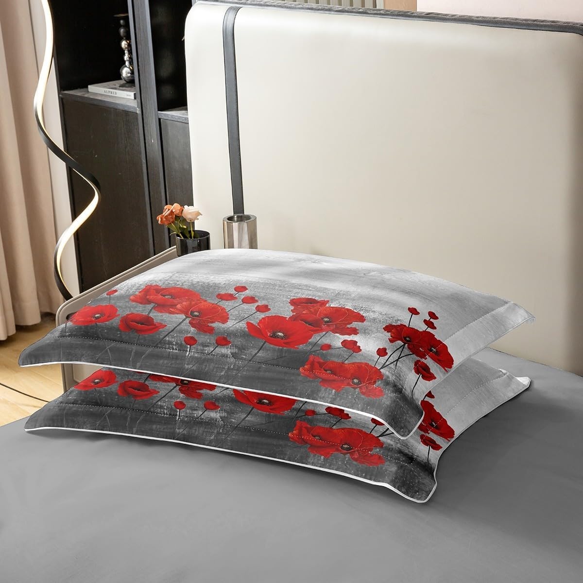 Loussiesd Red Poppies Bedding Set Watercolour Flower Art Bedding Set 135 X 200 Cm 100% Cotton for Women Adults Girls Duvet Cover Romantic Botanical Nature Duvet Cover Set Grey Red image number 3