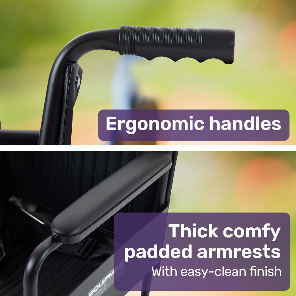 "Equipmed Folding Transit Manual Wheelchair, Attendant Propelled, Steel Frame, Wide Seat, Comfortable for S-XL, 114Kg Capacity, Park Brakes, Transport"