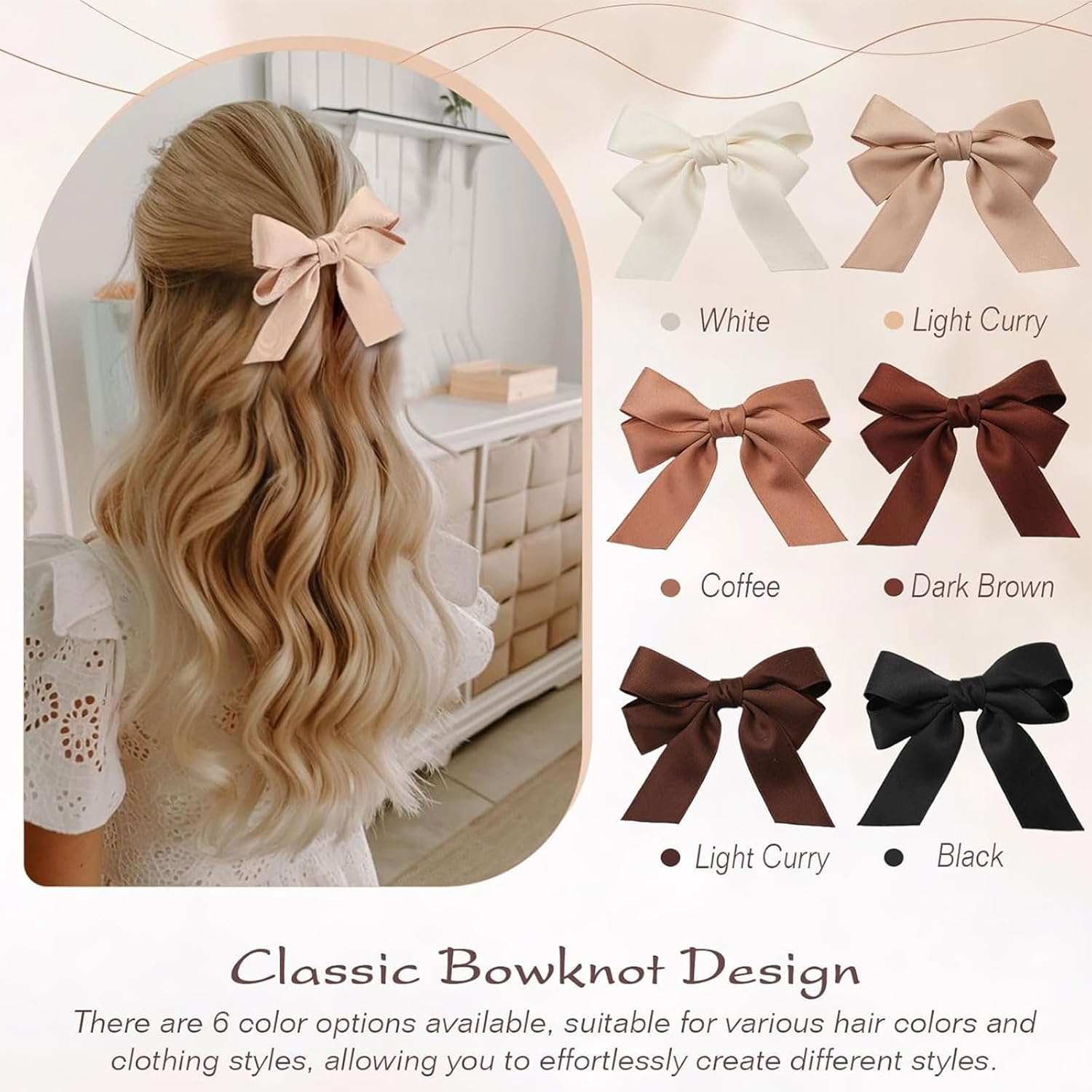Muorruo 6 Pieces Small Hair Bows, Soft Satin Bow Clips for Women Girls Teens, Non-Slip Clips for Curly Straight Hair, Accessory for Party Wedding Gift (Brown) image number 3