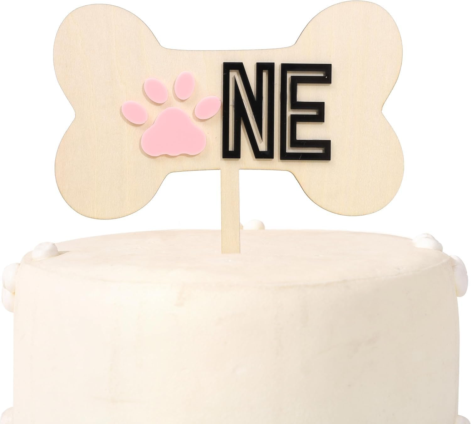ONE Dog Bone Wooden Cake Topper &ndash; Pink Paw First Birthday Decoration &ndash; Rustic Cake Sign for Baby or Pet-Themed Party &ndash; 7 Inch image number 3