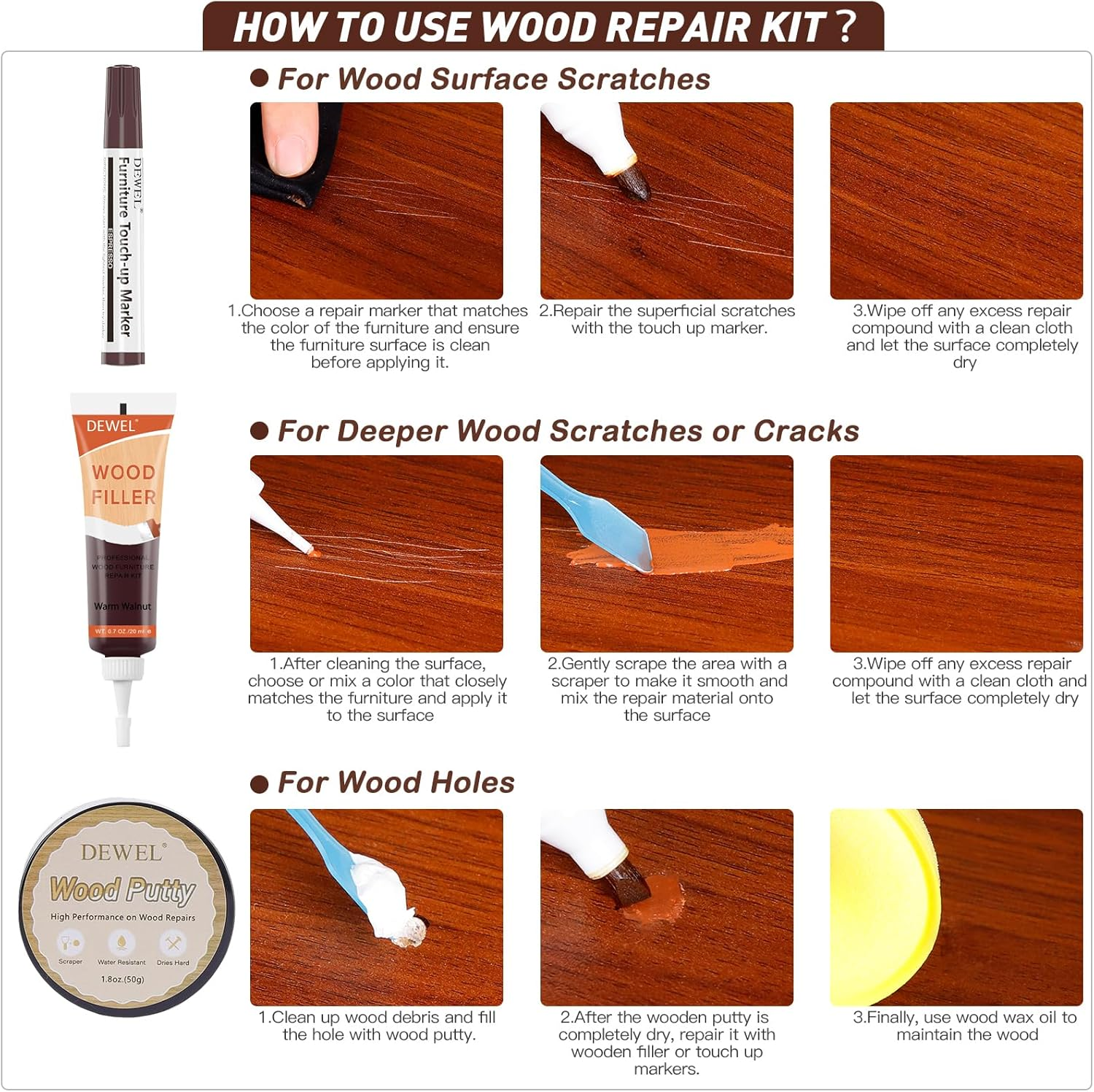 DEWEL Wood Furniture Repair Kit, Walnut Colors Series Furniture Touch up Markers and Wood Fillers, Wood Putty with Wood Polish Wax for Restoring Any Wood, Scratches, Cracks, Wood Floor image number 6