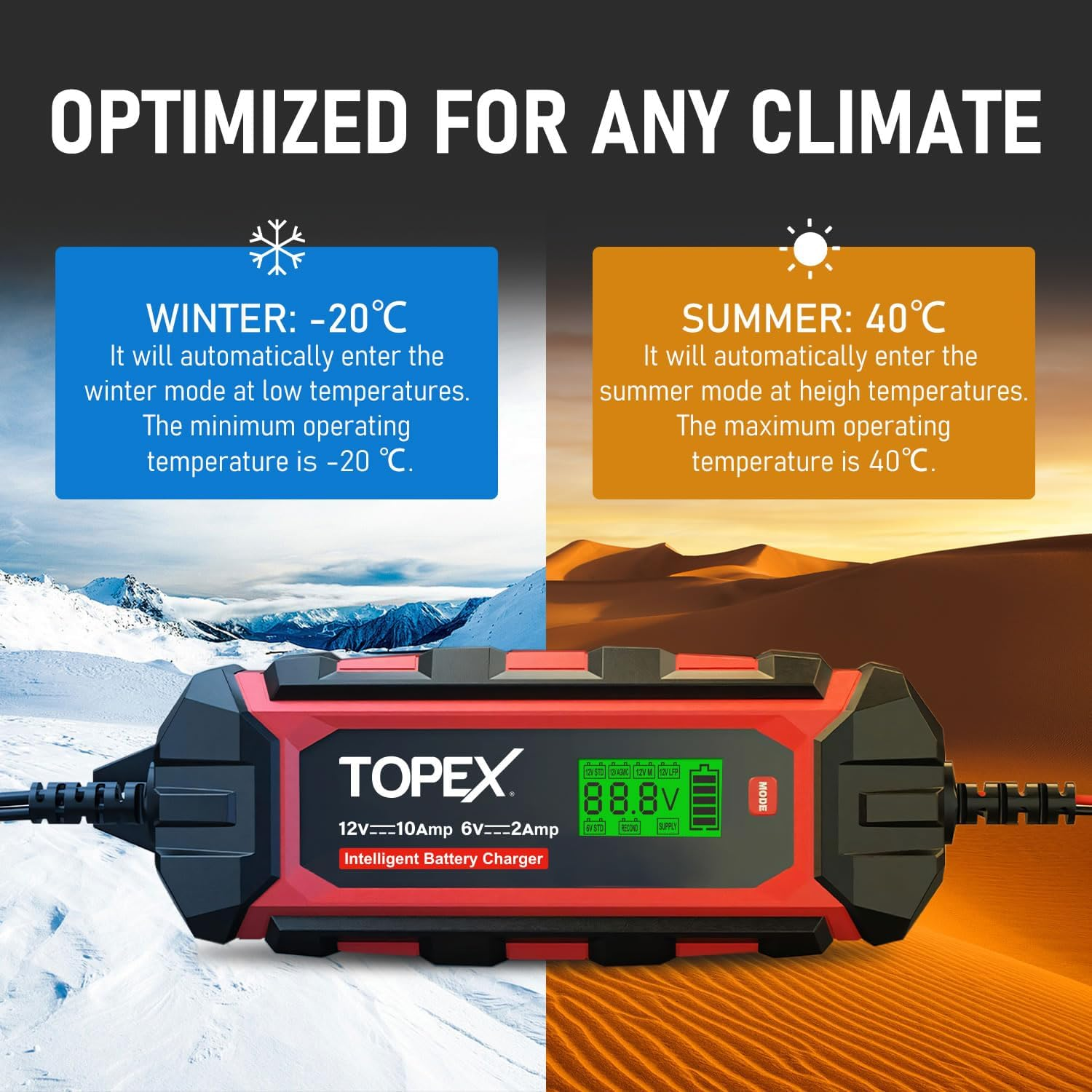 TOPEX Car Battery Charger, 12V 10A/ 6V 2A Smart Automatic Battery Charger Maintainer IP65 Rated with 10 Stage Charging LCD Display for Lead Acid, Lifepo4 Battery in Car, Truck, Motorcycle, Boat, SUV image number 2