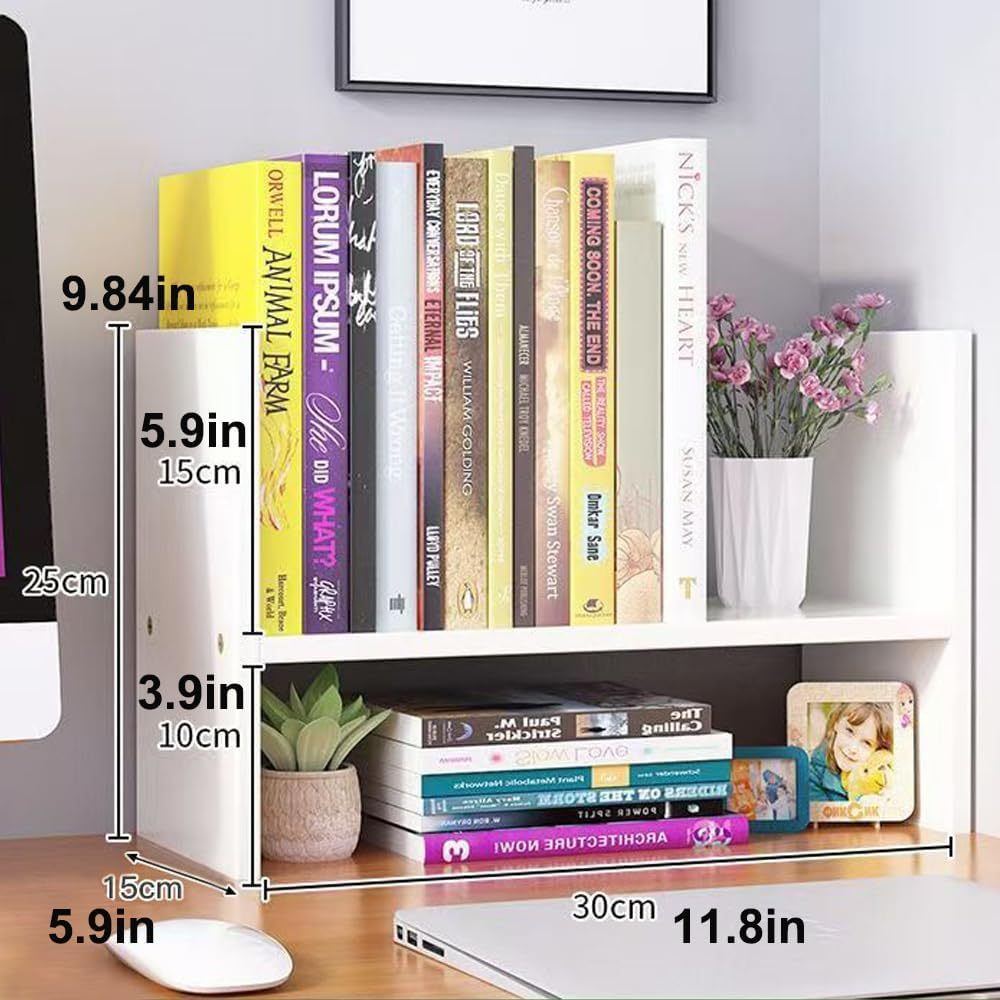 Hbluefat Desktop Organizer Shelf, Small Desk Bookshelf, Wooden Tabletop Mini Bookcase, Modern Mini Display Storage Rack for Home Office (White) - Wood image number 2