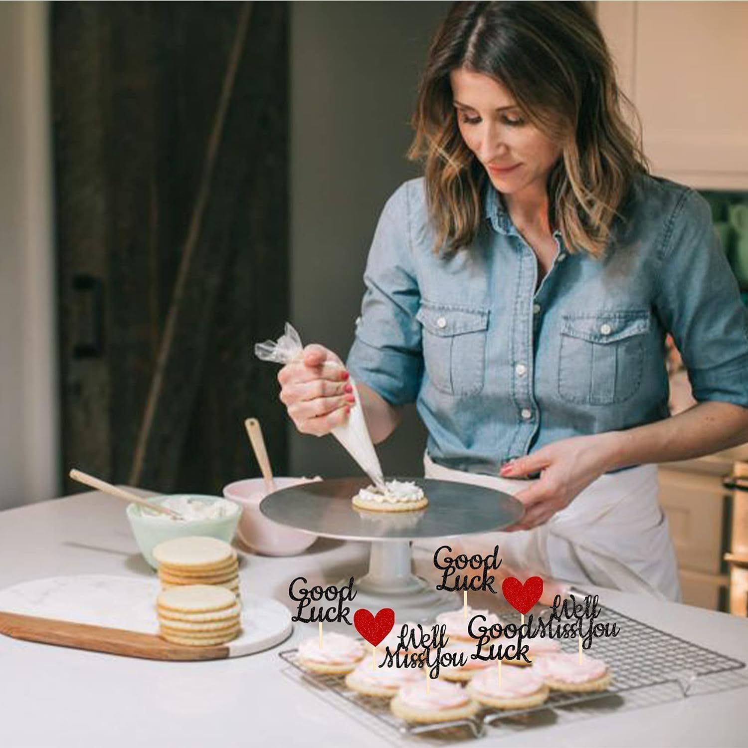 24 Pack We Will Miss You Cupcake Toppers Glitter Red Love Heart Good Luck Cupcake Picks Retirement Theme Going Away Party Cake Decorations (Black) image number 2