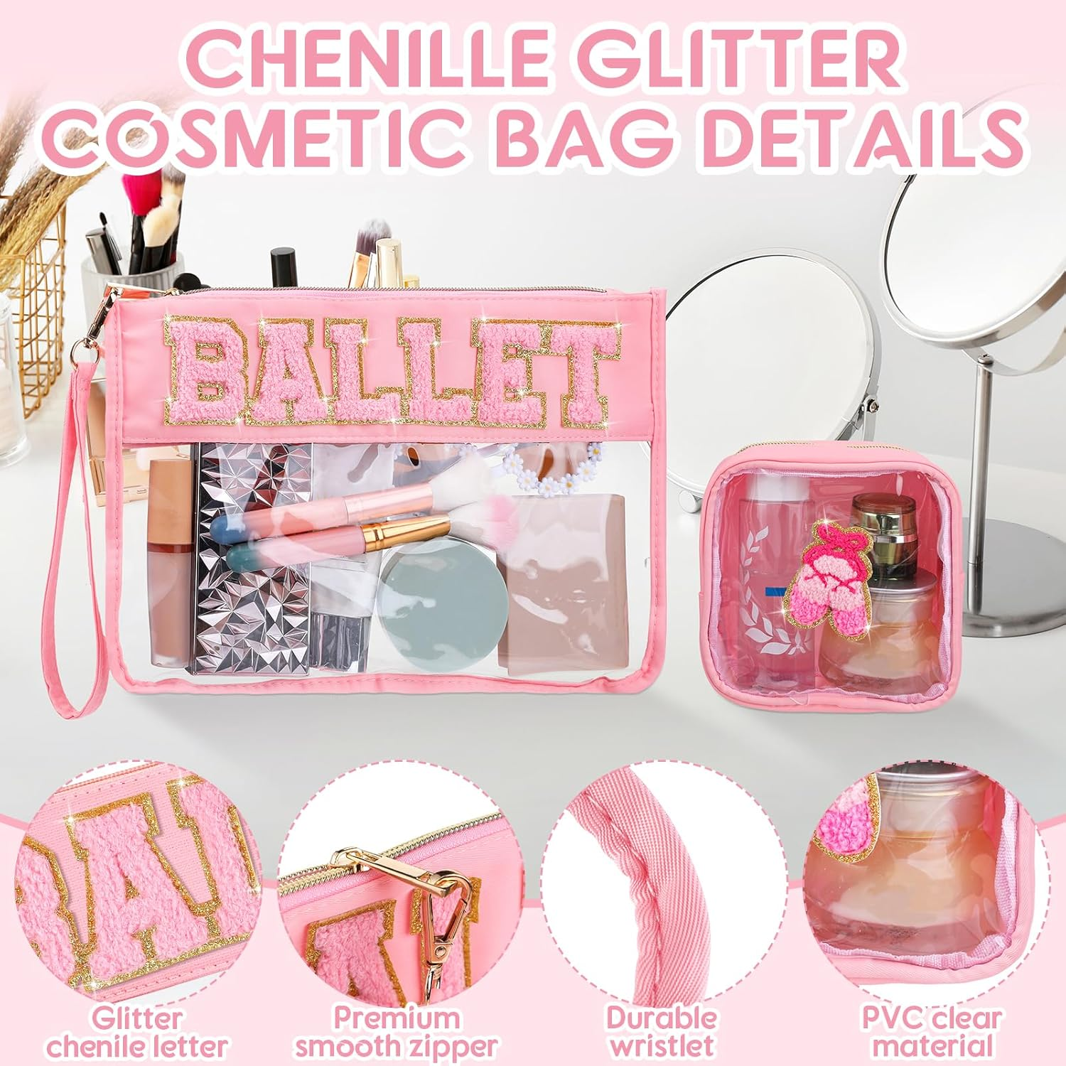 Hillban 2 Pcs Ballet Gifts Chenille Letter Bags Preppy Patch Makeup Bag Flat Clear Pouch PVC Organizer Purse Waterproof Travel Cosmetic Bag Portable Bag for Women Girl (Ballet Theme), Pink image number 2
