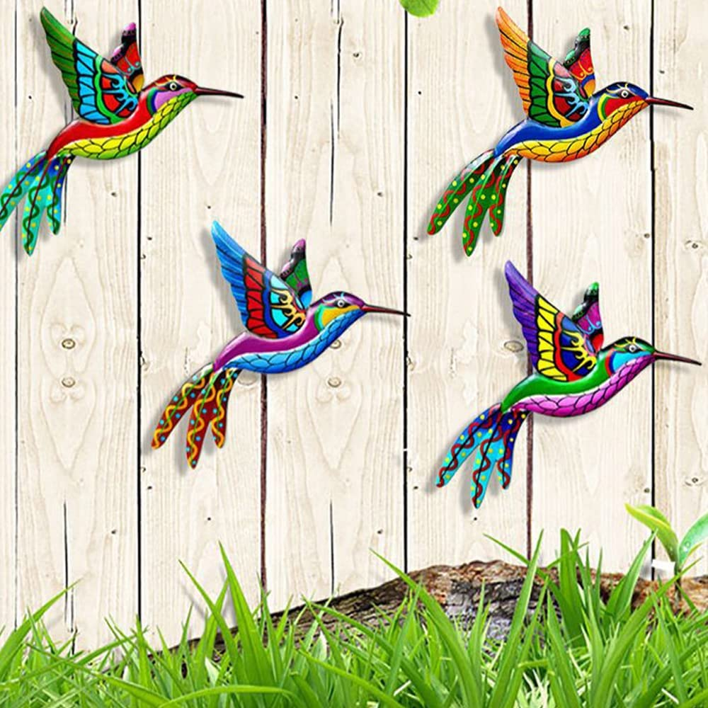 Tsilin 4 Pcs Metal Hummingbird Wall Decor Art, Colorful Birds Sculpture Hanging Garden Metal Hummingbird Statues for Indoor Outdoor Backyard Living Room Bedroom Porch Patio Fence Decor image number 1