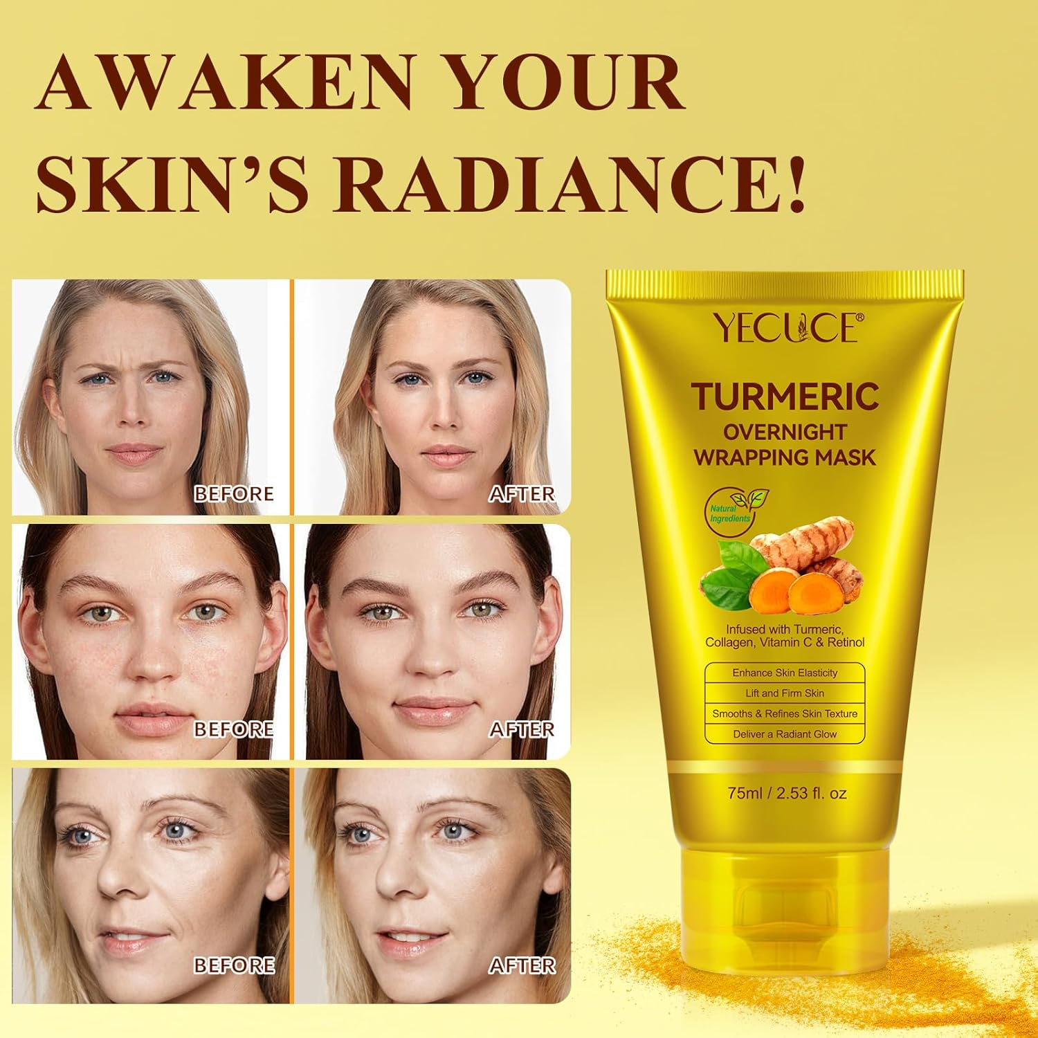 Turmeric Collagen Overnight Face Mask, Peel off Mask - Elasticity and Hydration, Reduce Sagging and Dullness for All Skin Type, 2.53 Fl. Oz