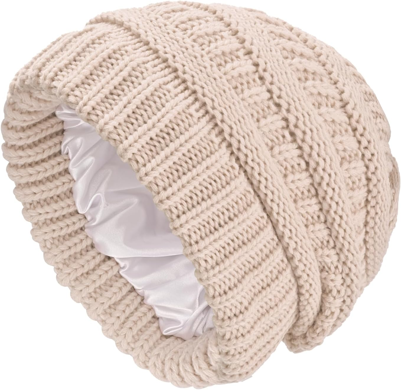 SGQTZDZQ Satin Lined Beanie Hats for Women, Warm Slouchy Ladies Winter Hats, Classic Fashionable Wooly Cable Knit Skull Cap