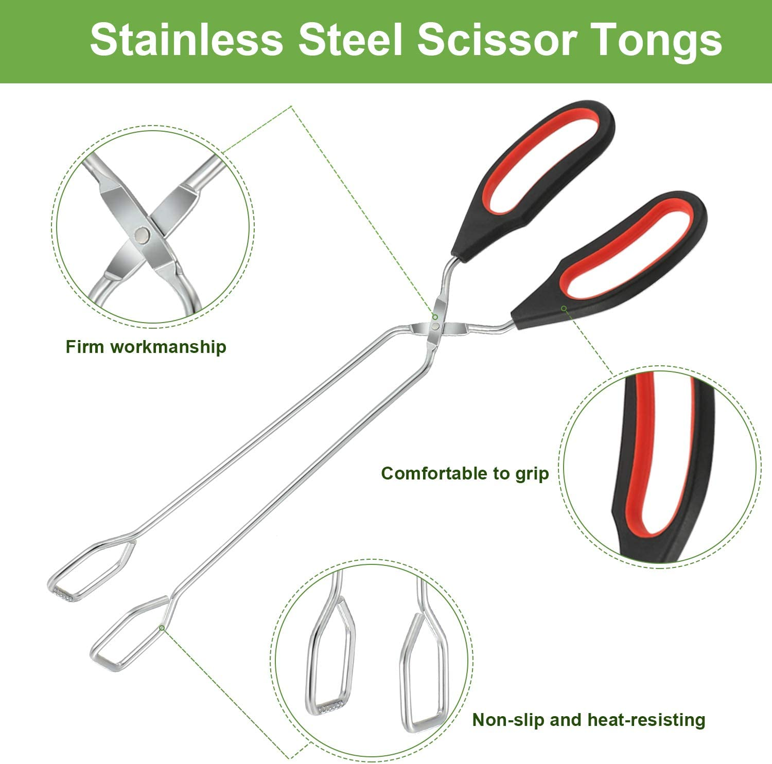 Boao 3 Pack Stainless Steel Scissor Metal Tongs Kitchen Wire Tongs for Cooking 9-Inch 11-Inch and 12-Inch Heat Resistant Small Scissor for BBQ Grilling Tool for Hot Food with Silicone Handle