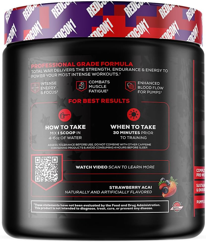 Redcon1 Total War Strawberry Acai Flavour Pre-Workout Dietary Supplement Powder 30 Servings image number 2