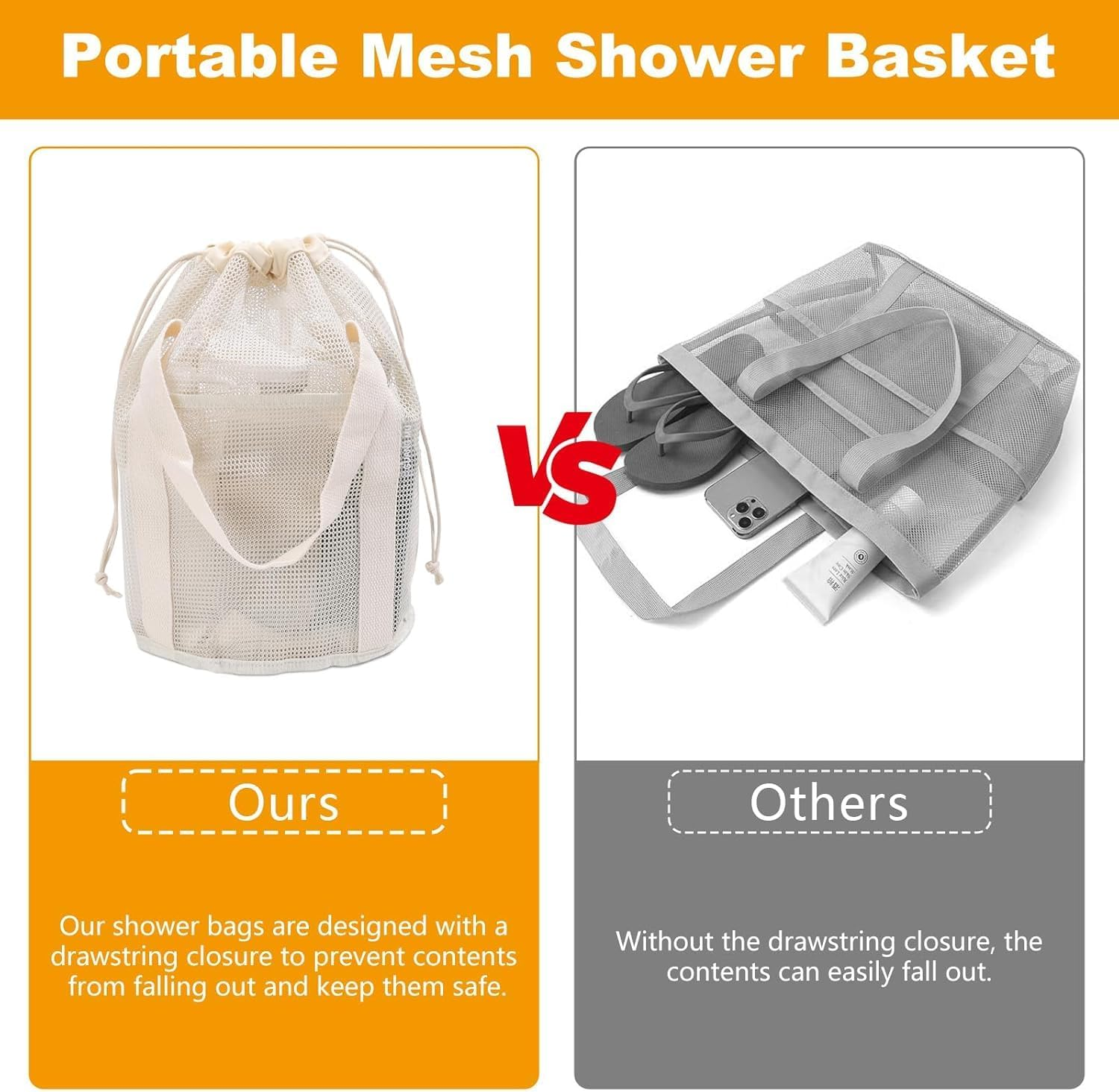 Portable Mesh Shower Caddy for Dorm Room Essentials, Hanging Bathroom Shower Tote Bag with Drawstring Side Pockets, Quick Dry Mesh Toiletry Bath Bag for Swimming Gym Beach Travel image number 5