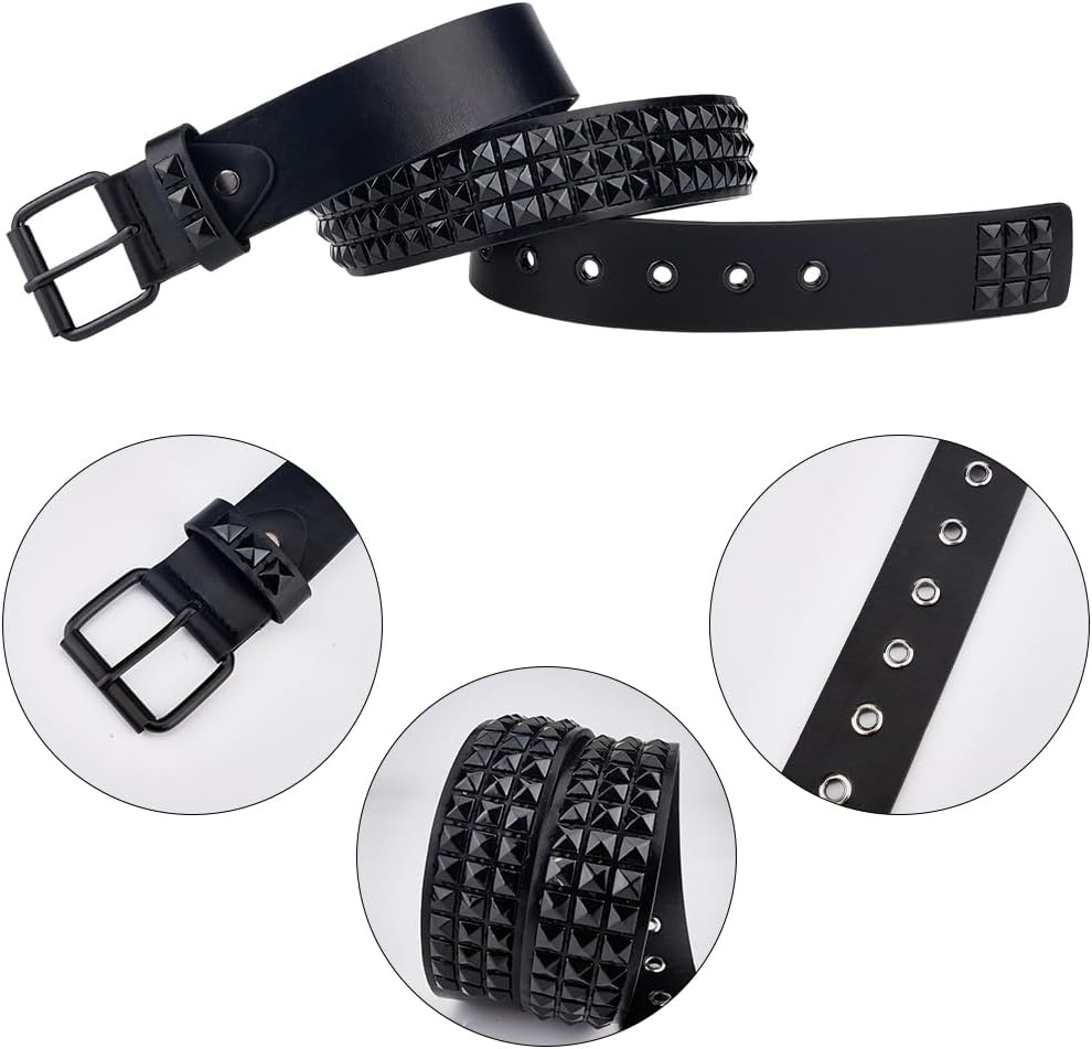 GORGECRAFT Black PU Leather Studded Rivet Belt 44.4 X 2 Inch Gothic Punk Rock Bright Metal Alloy Pyramid Studs Grommet Threads Belts, Black image number 5