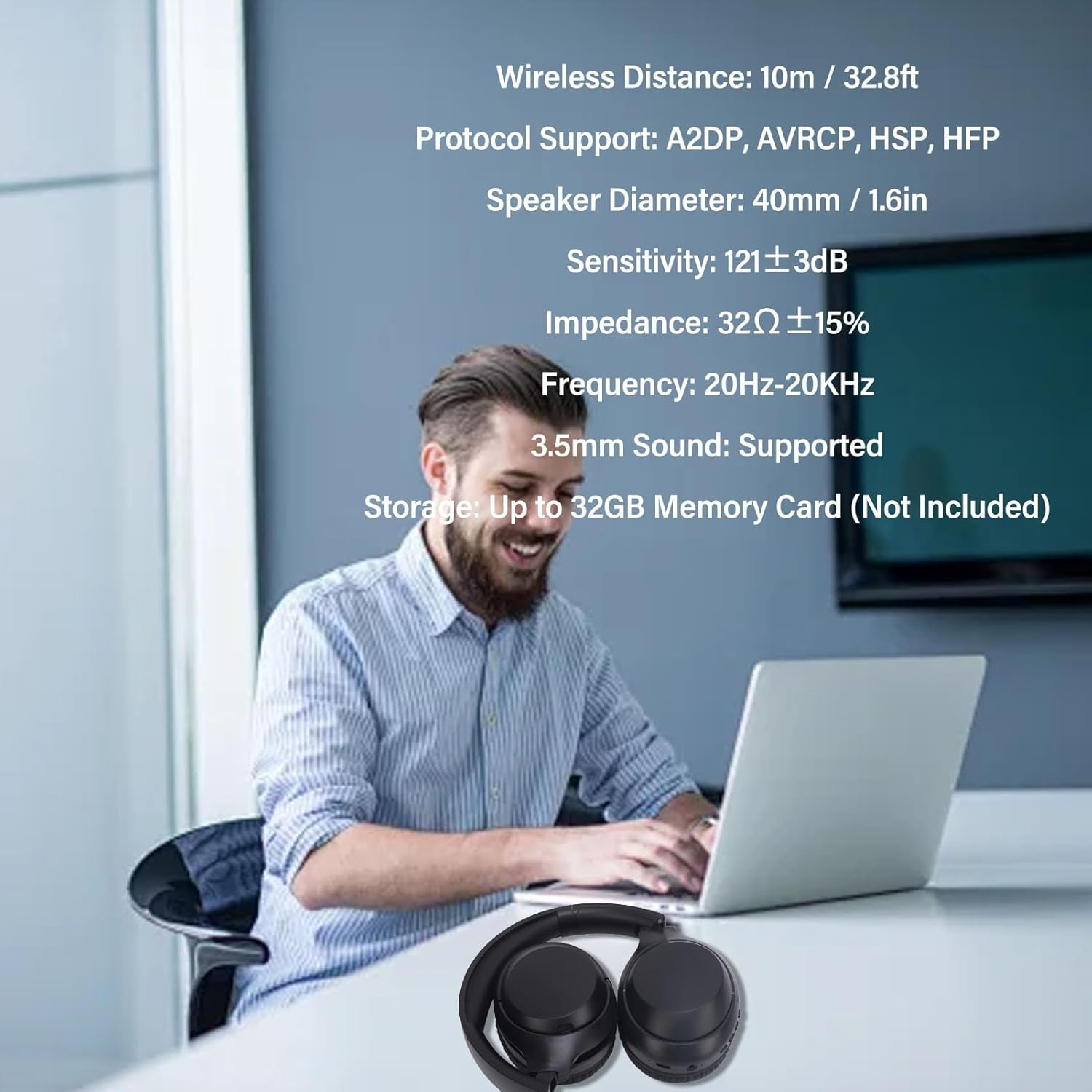 YUEHISY over Ear Wireless Headphones, Deep Bass Stereo over the Ear Headset with Foldable Deisgn, Comfortable Wear, for Travel Home Sport (Black) - Black image number 5