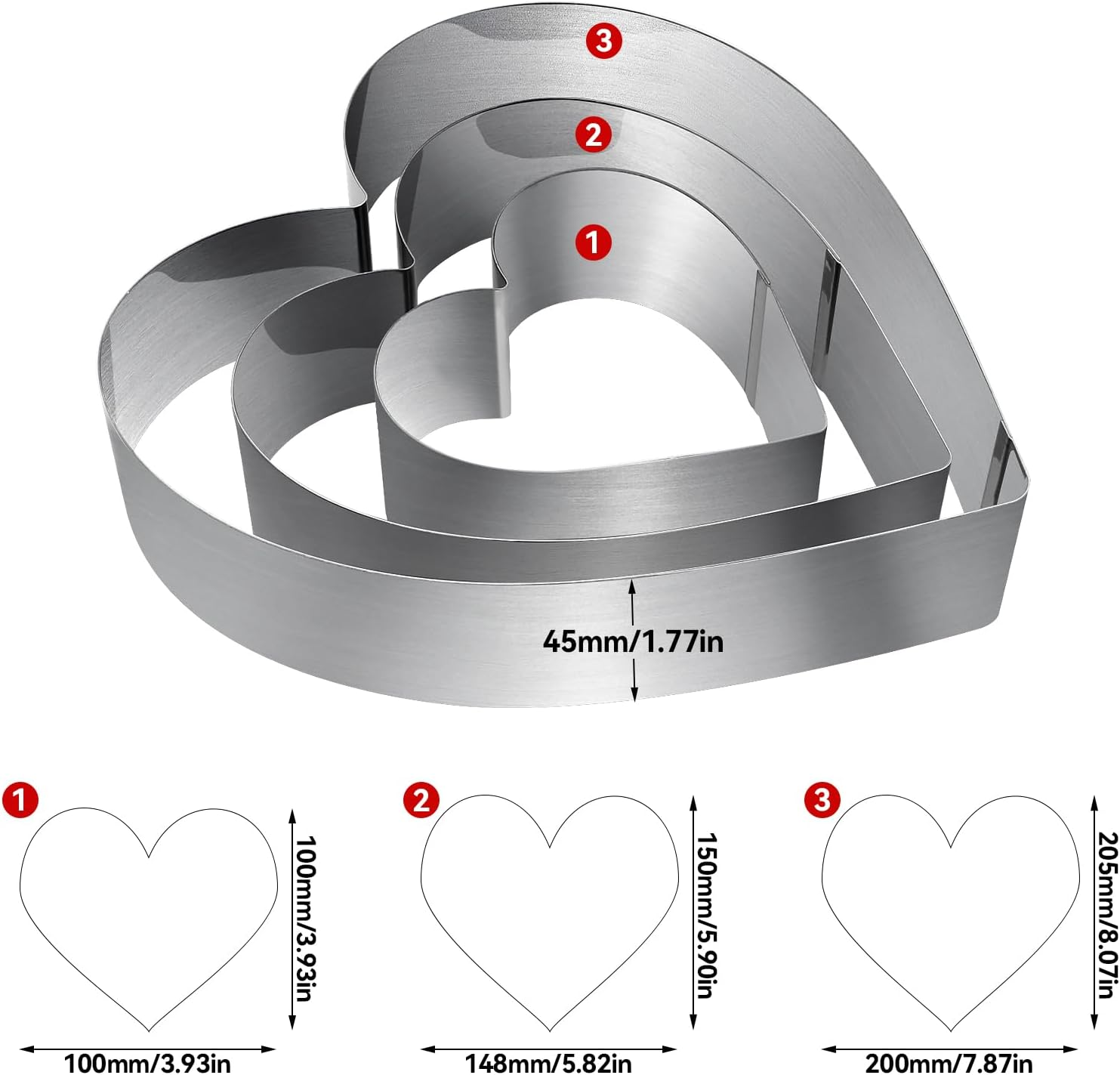 ZHIYUQL Heart Baking Mould, Set of 3 Heart Cake Ring, Silver Stainless Steel Baking Mould, Heart Dessert Rings, Baking Frame, Smooth and Heat Resistant for Cake Decoration, Backing, Holiday Party image number 4