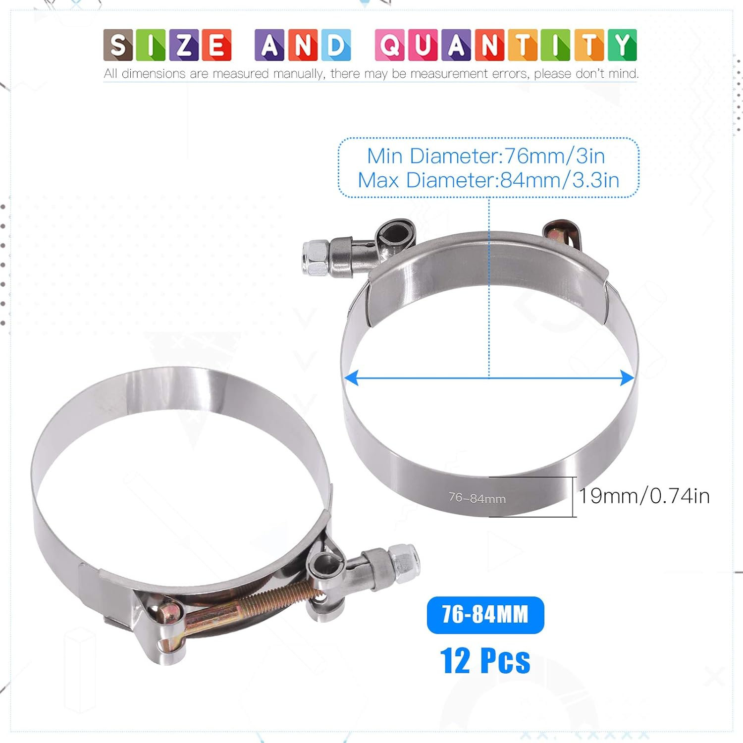 Glarks 12Pcs 76-84Mm Stainless Steel T-Bolt Hose Clamps Turbo Intake Soft Hose Intercooler Clamps image number 3
