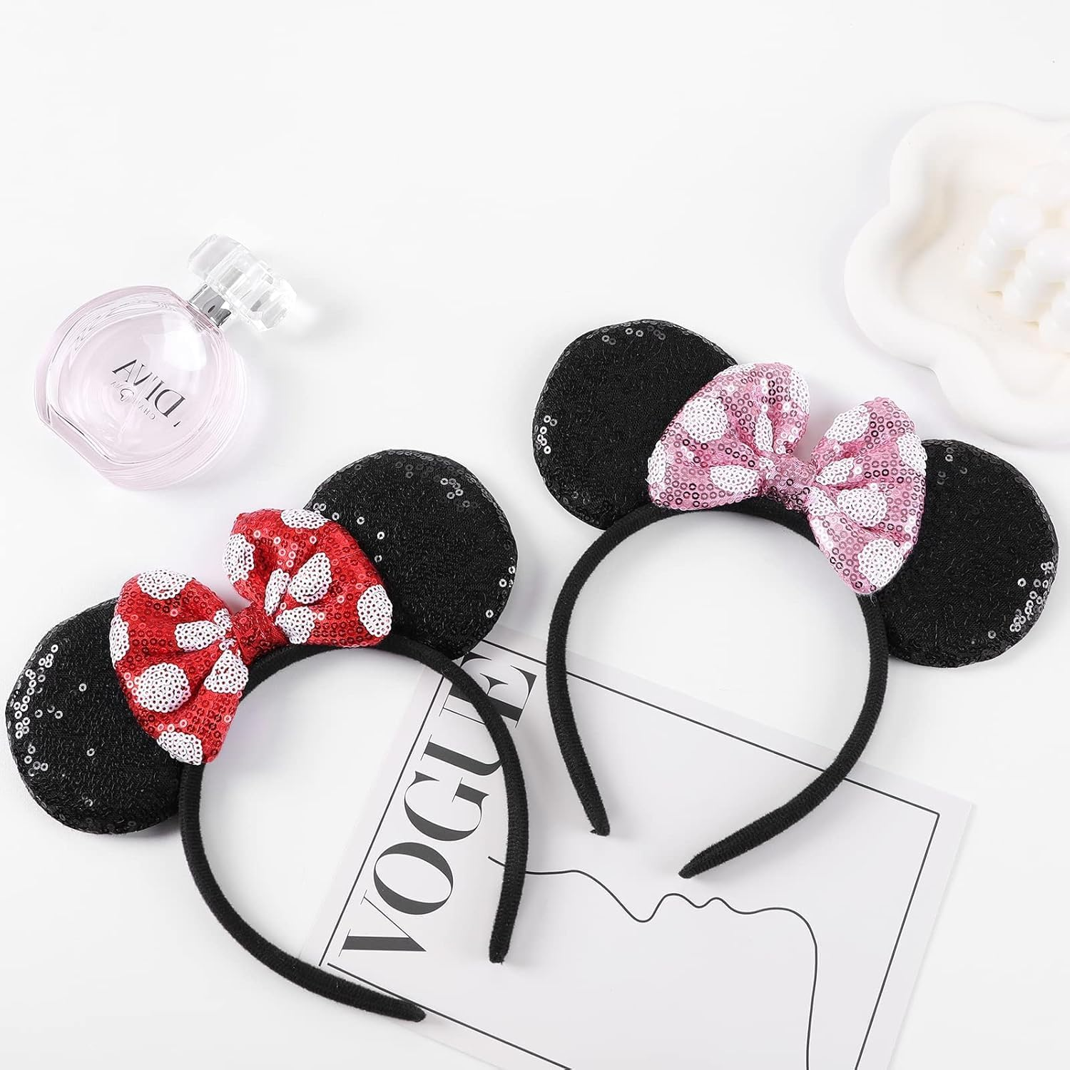 Mouse Costume Ears,2 Pcs Mouse Ears Headbands for Girls & Women Party,Size Free - Orange Bow image number 2