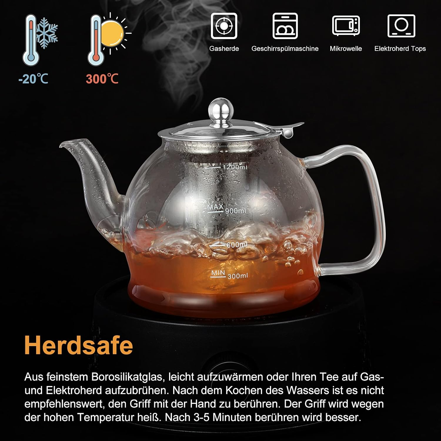 Glass Teapot 1200 Ml with Strainer Insert, Borosilicate Glass Tea Service - Dishwasher Safe image number 4