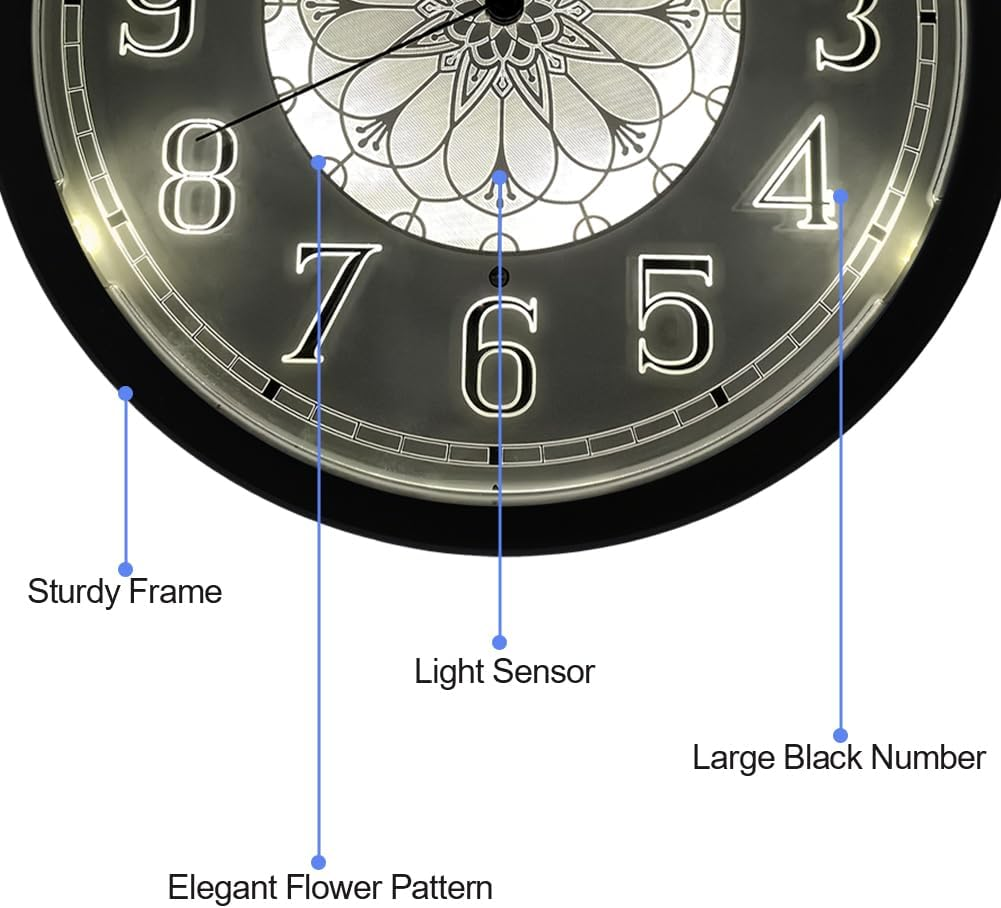 Eyotto Night Light Wall Clock for Bedroom, Illuminated Wall Clocks Battery Operated Glow in the Dark Lighted Clock for Bedroom, Living Room, Kitchen, Office, Easy to Read Large Display, 12Inch image number 5