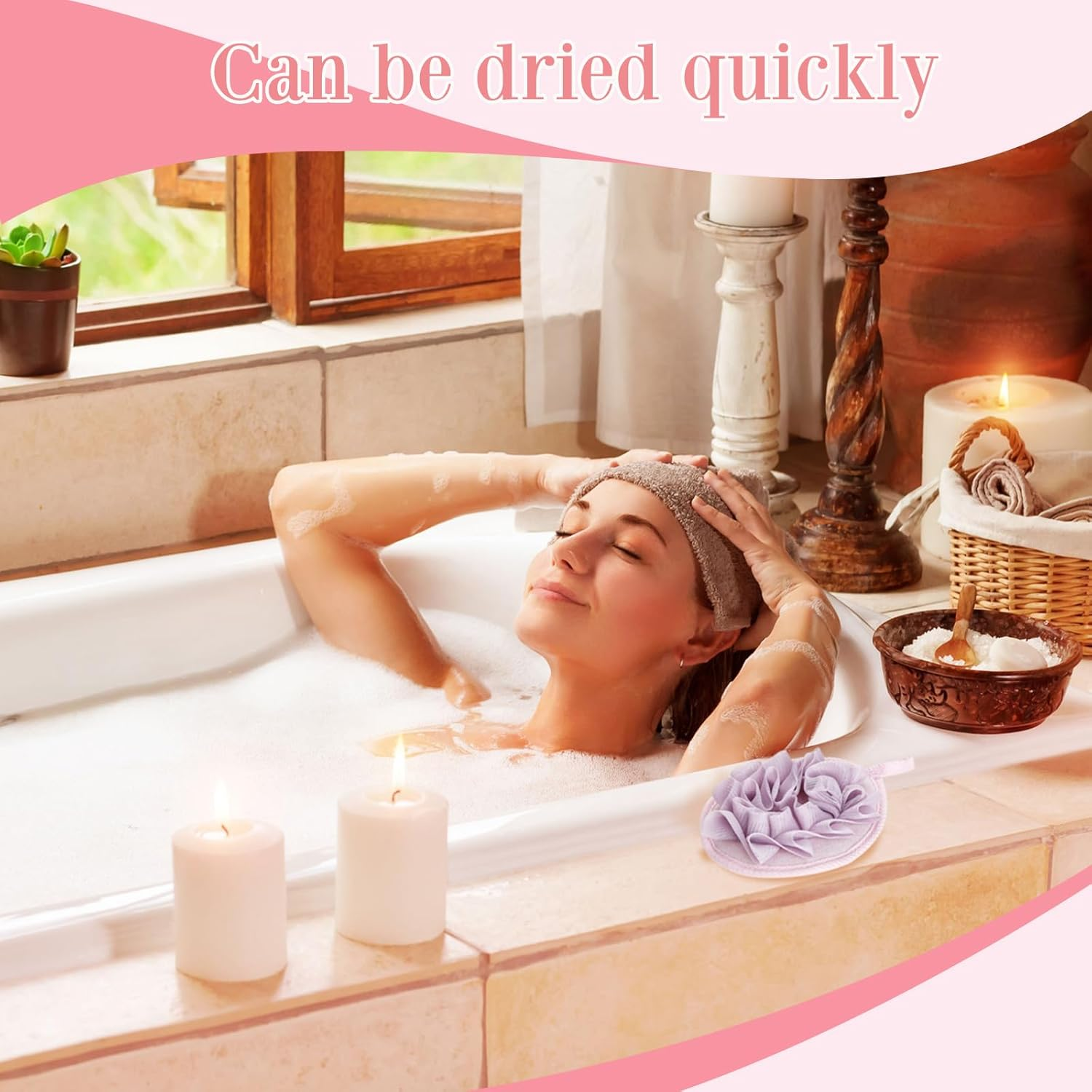 Boao Bath Shower Pouf Sponge Mesh Pouf Shower Ball Exfoliating Body Sponge Pad Scrubber Glove with Flower Bath Ball(3 Pcs,Purple) image number 4